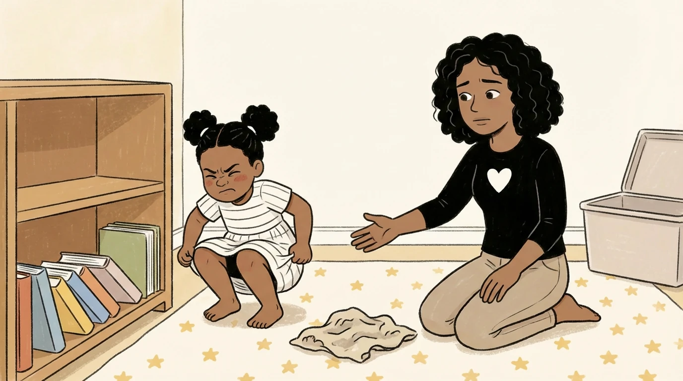Adult kneeling on a star rug reaching toward a toddler who refuses to use the potty, soiled cloth nearby