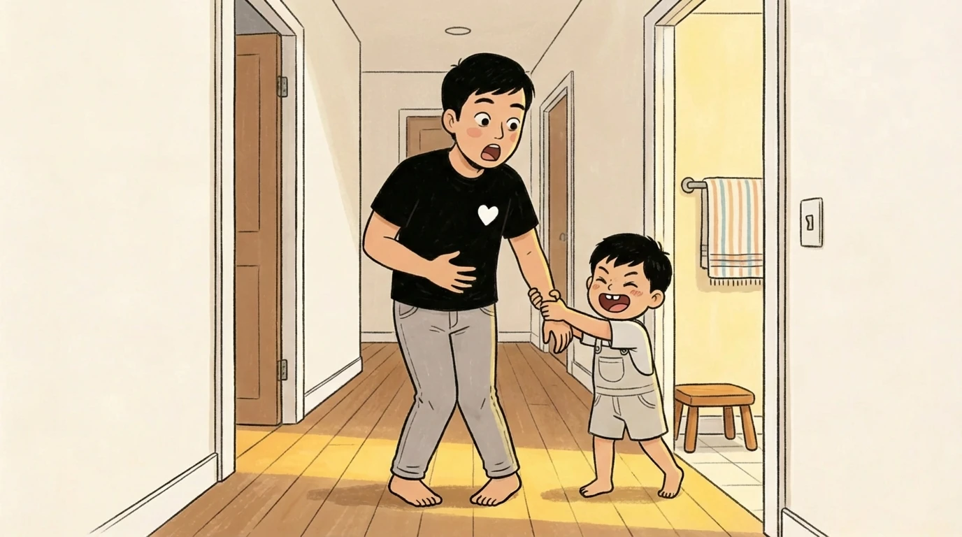 Toddler pulling an adult by the arm in a hallway near a bathroom door during potty training resistance