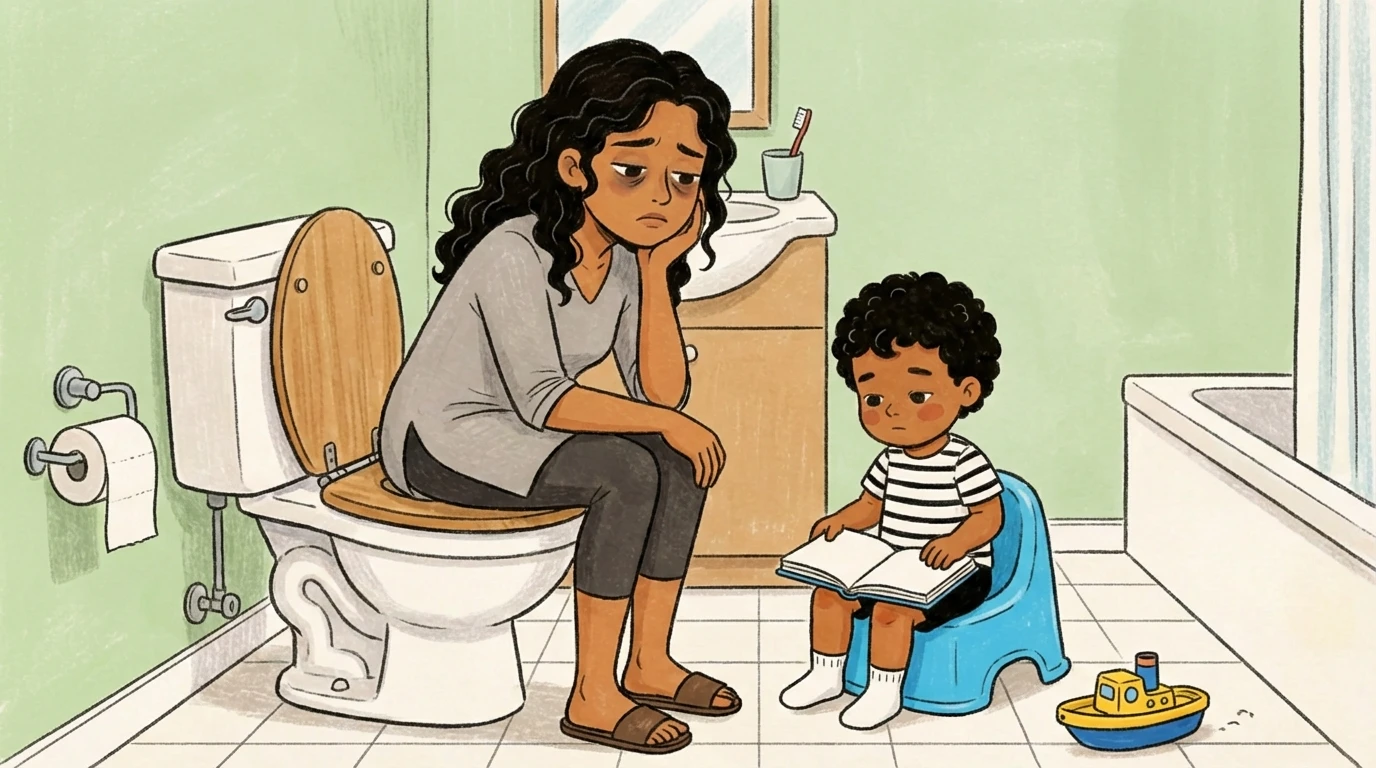 Adult sitting on toilet lid watching a toddler on a small potty reading a book in a tiled bathroom