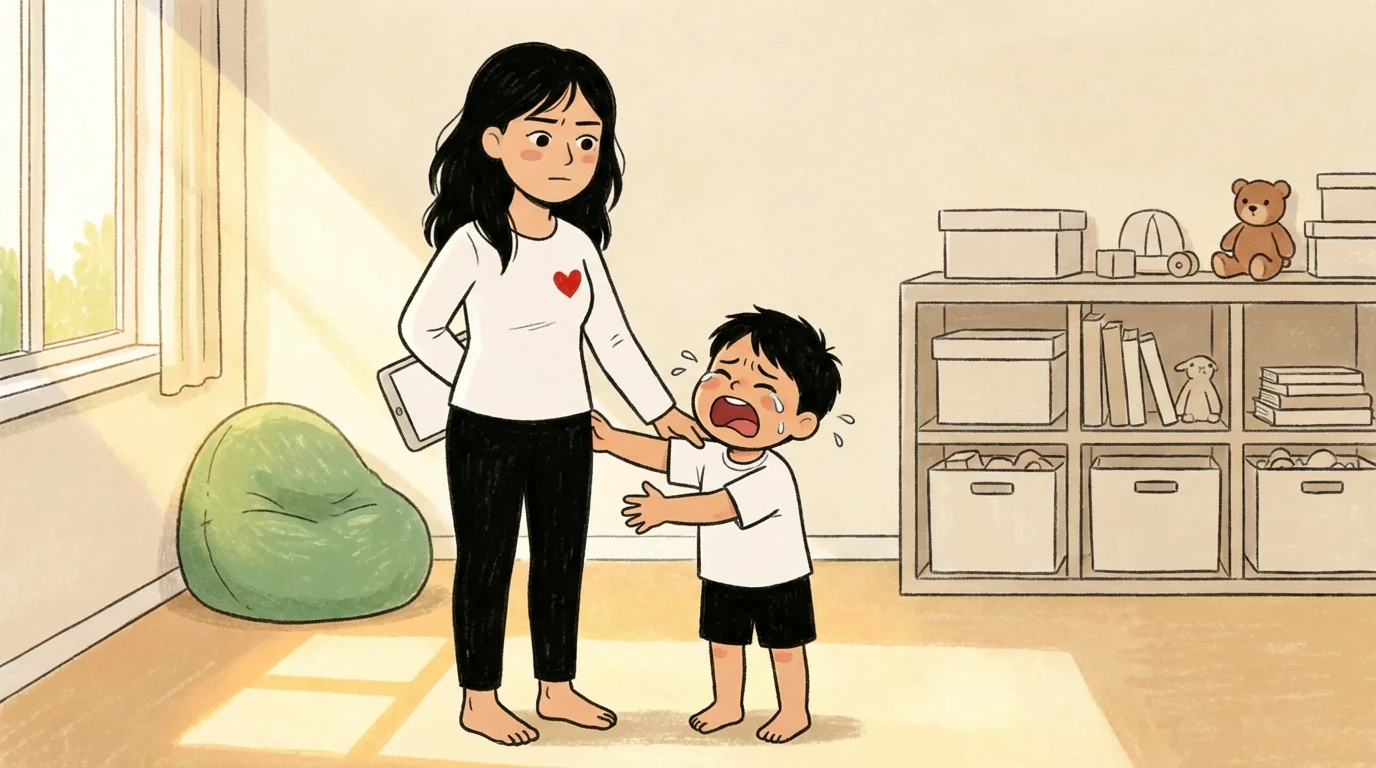 Mother holds tablet while young child cries and reaches up during screen time transition, in a sunny playroom