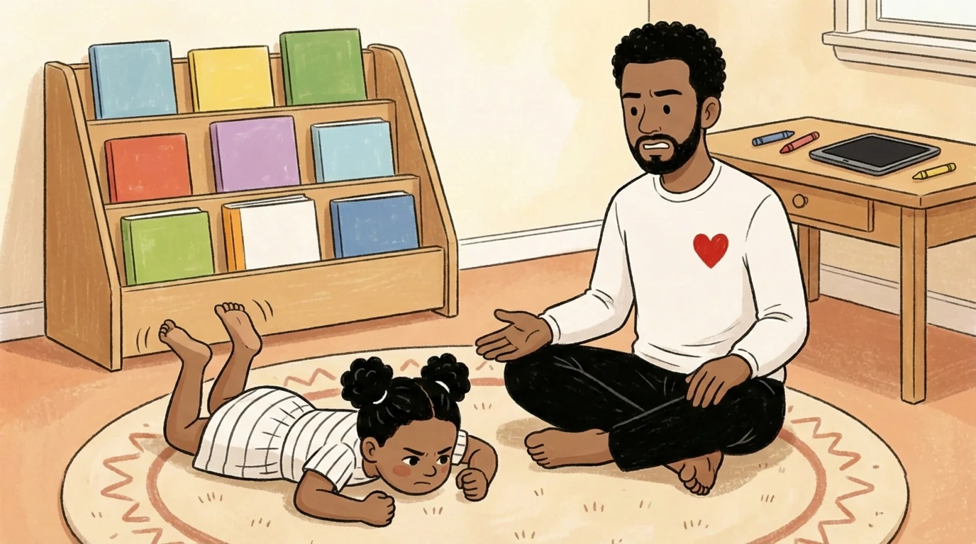 Father sits cross-legged on a rug talking calmly to a child lying on the floor near a colorful bookshelf