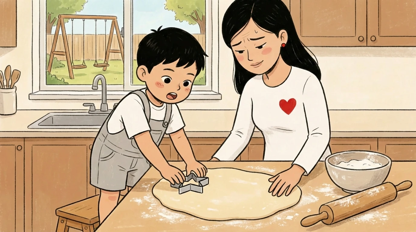 Mother and young child press cookie cutters into dough on a kitchen counter as a bridge activity after screen time