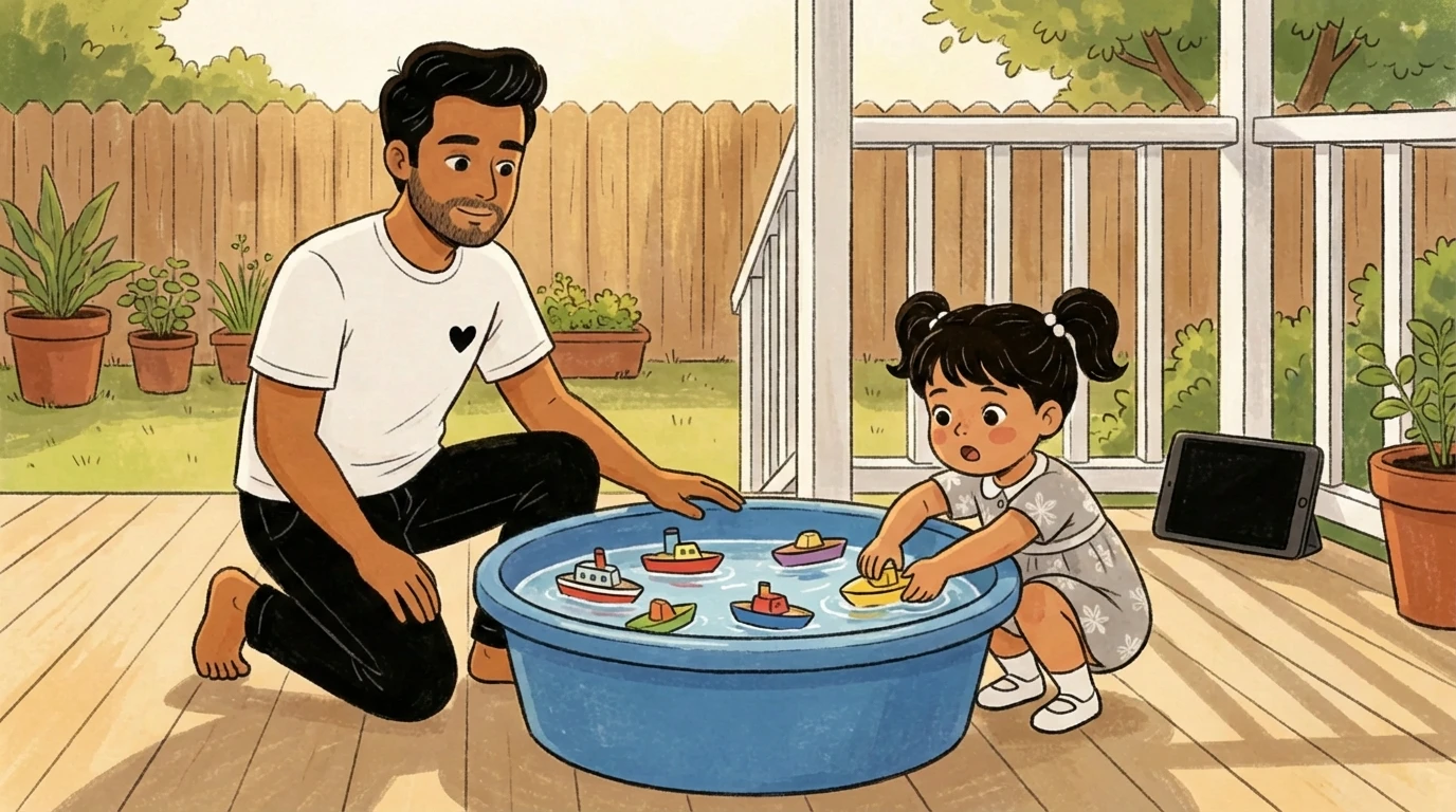 Father kneels beside a young child playing with toy boats in a water tub on a porch, a tablet set aside nearby