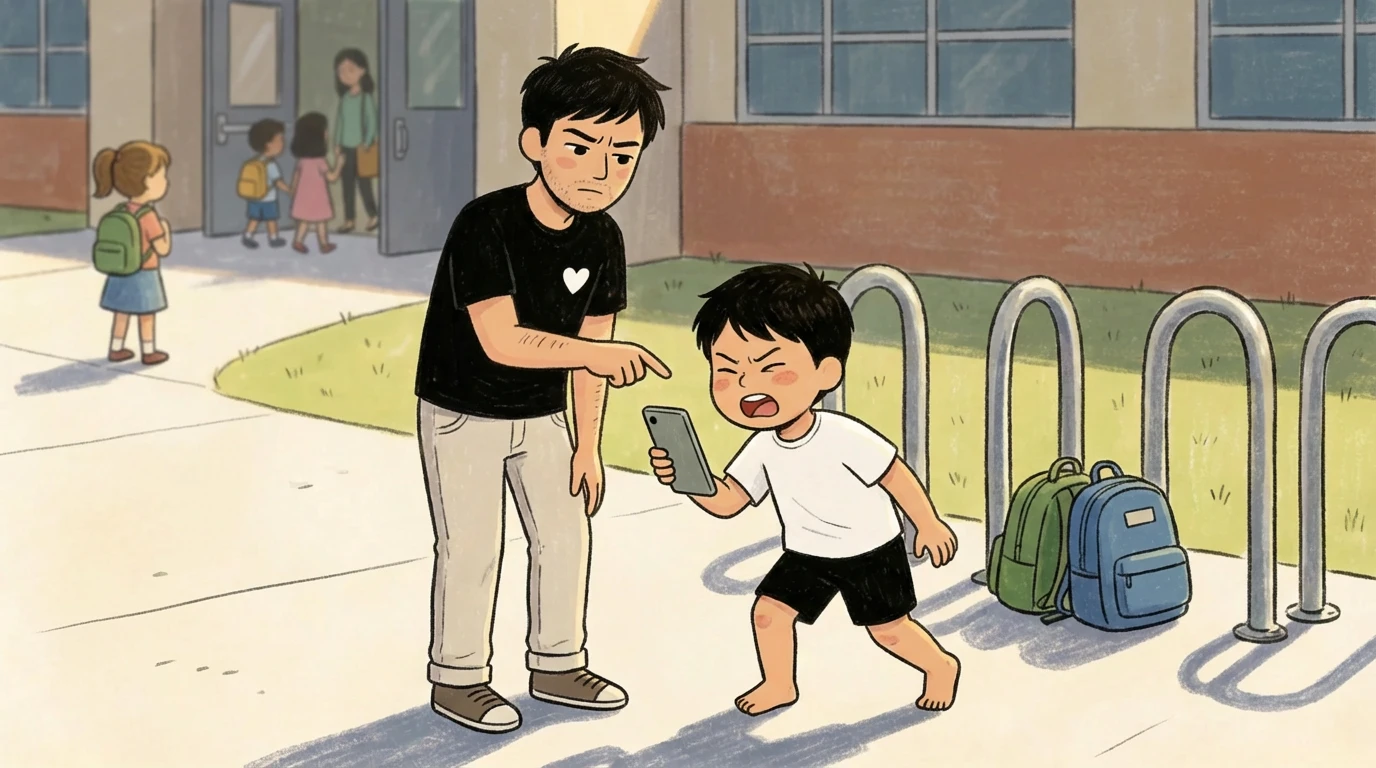 Adult pointing at young child holding smartphone outside school building with backpacks nearby