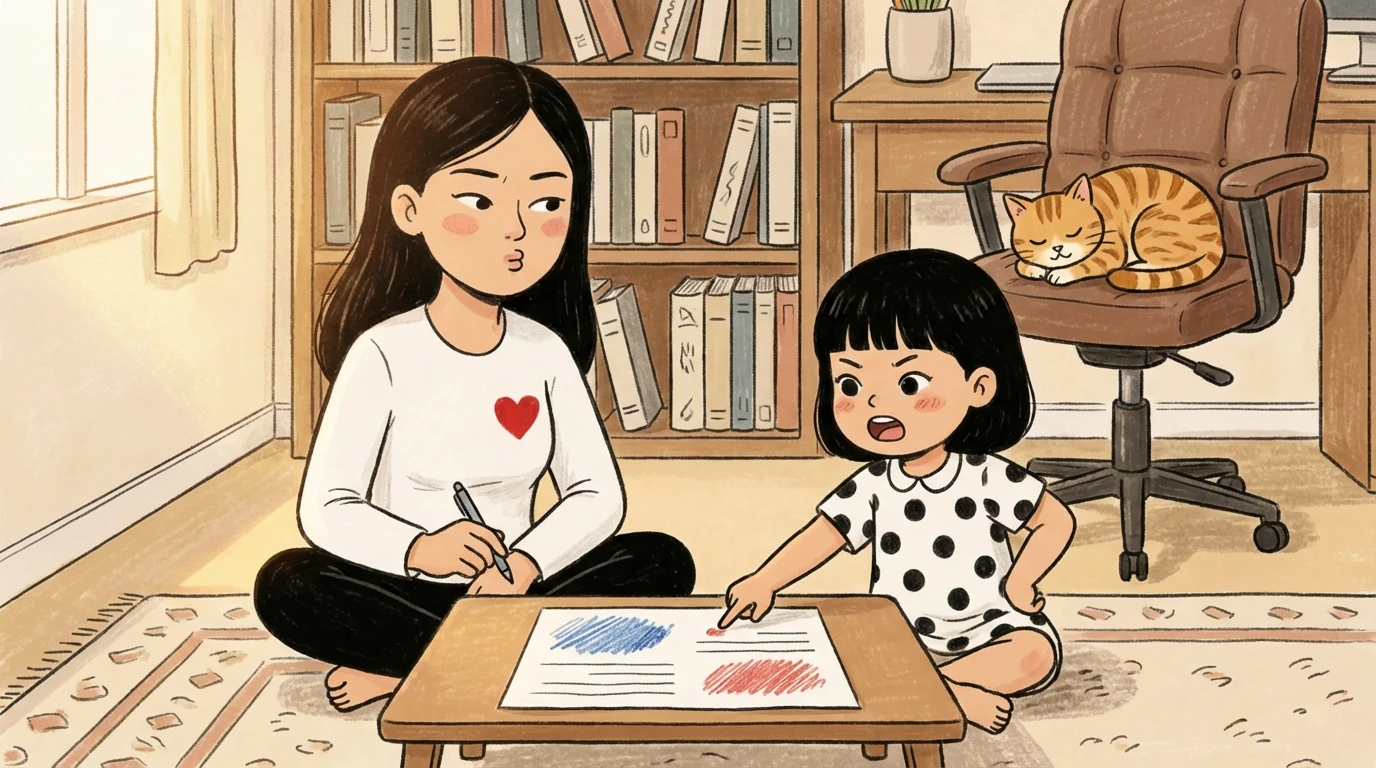 Parent and young child sitting on floor writing phone rules on paper together at home