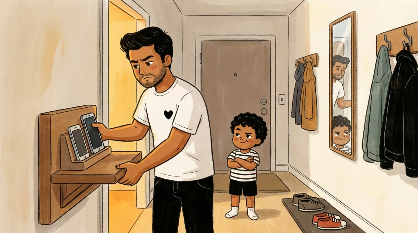 Parent placing phones on wall charging shelf in entryway while child watches arms crossed
