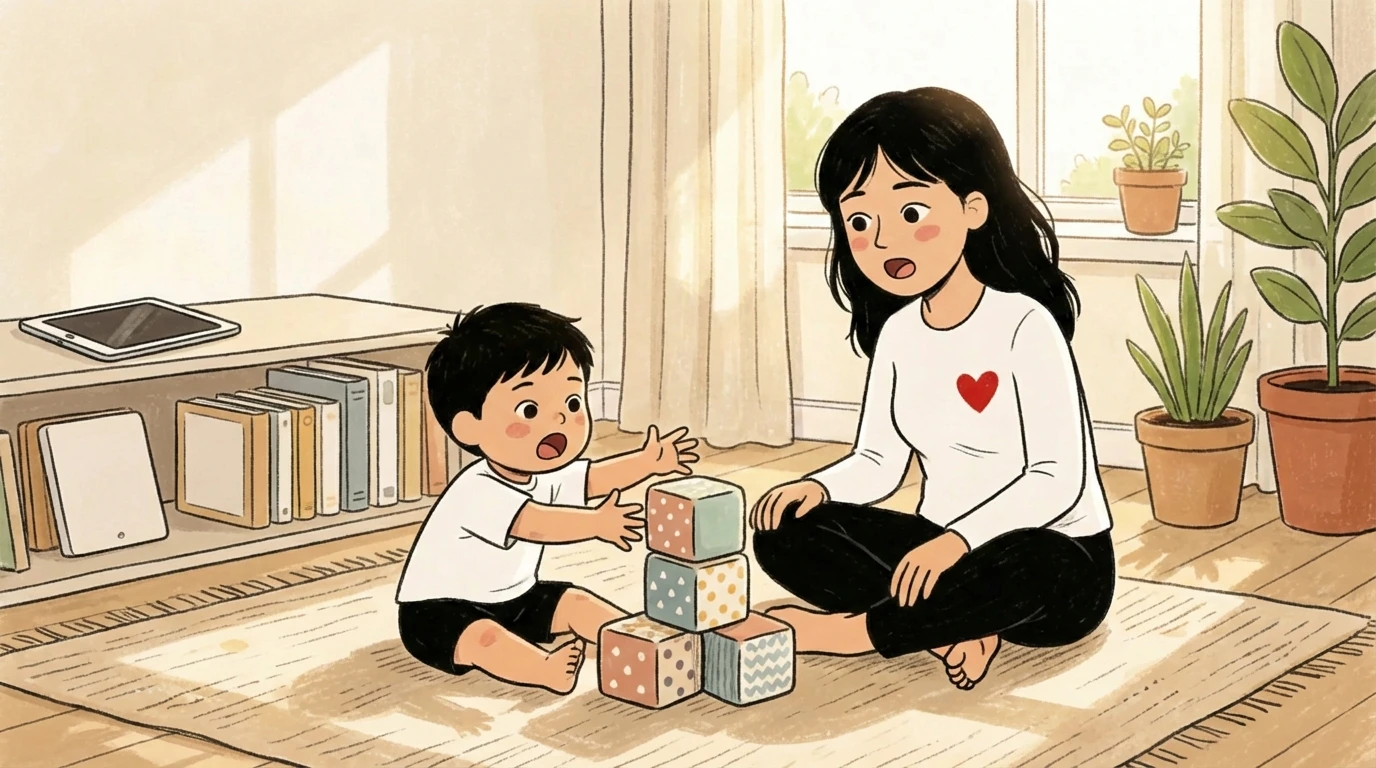 Mother and toddler playing with stacking blocks on living room floor instead of watching screens