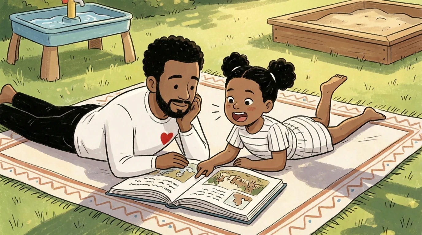 Father and young child reading a picture book together on a blanket outdoors
