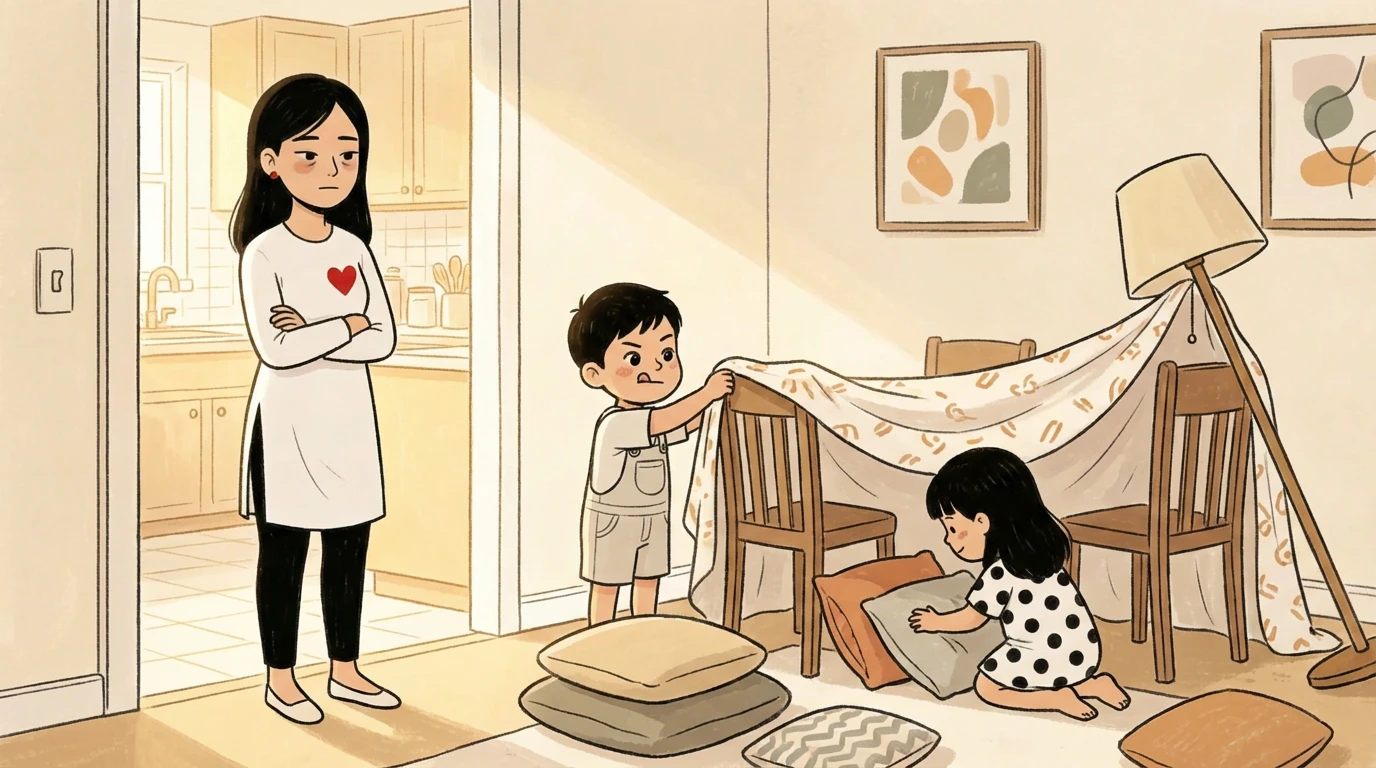 Mother watching two young children build a blanket fort with pillows and chairs