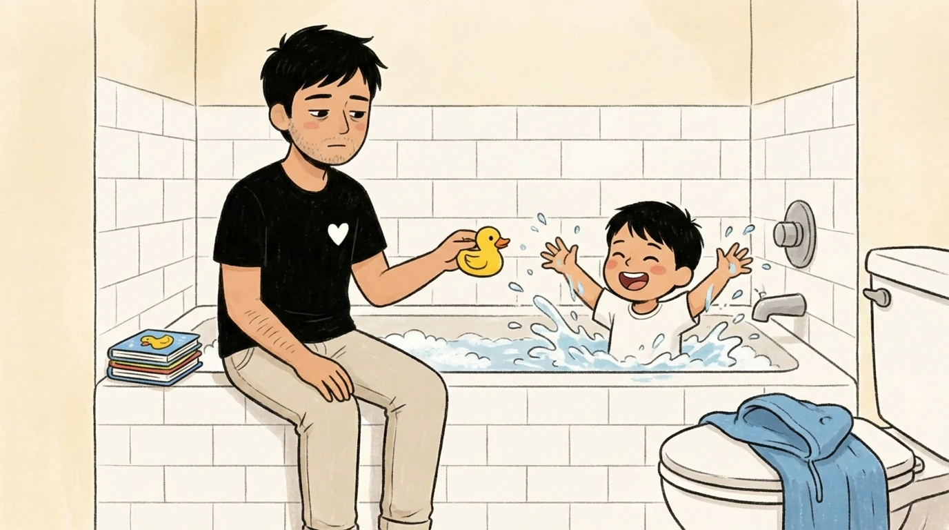 Parent holding rubber duck beside toddler splashing in bubble bath during screen-free bedtime routine