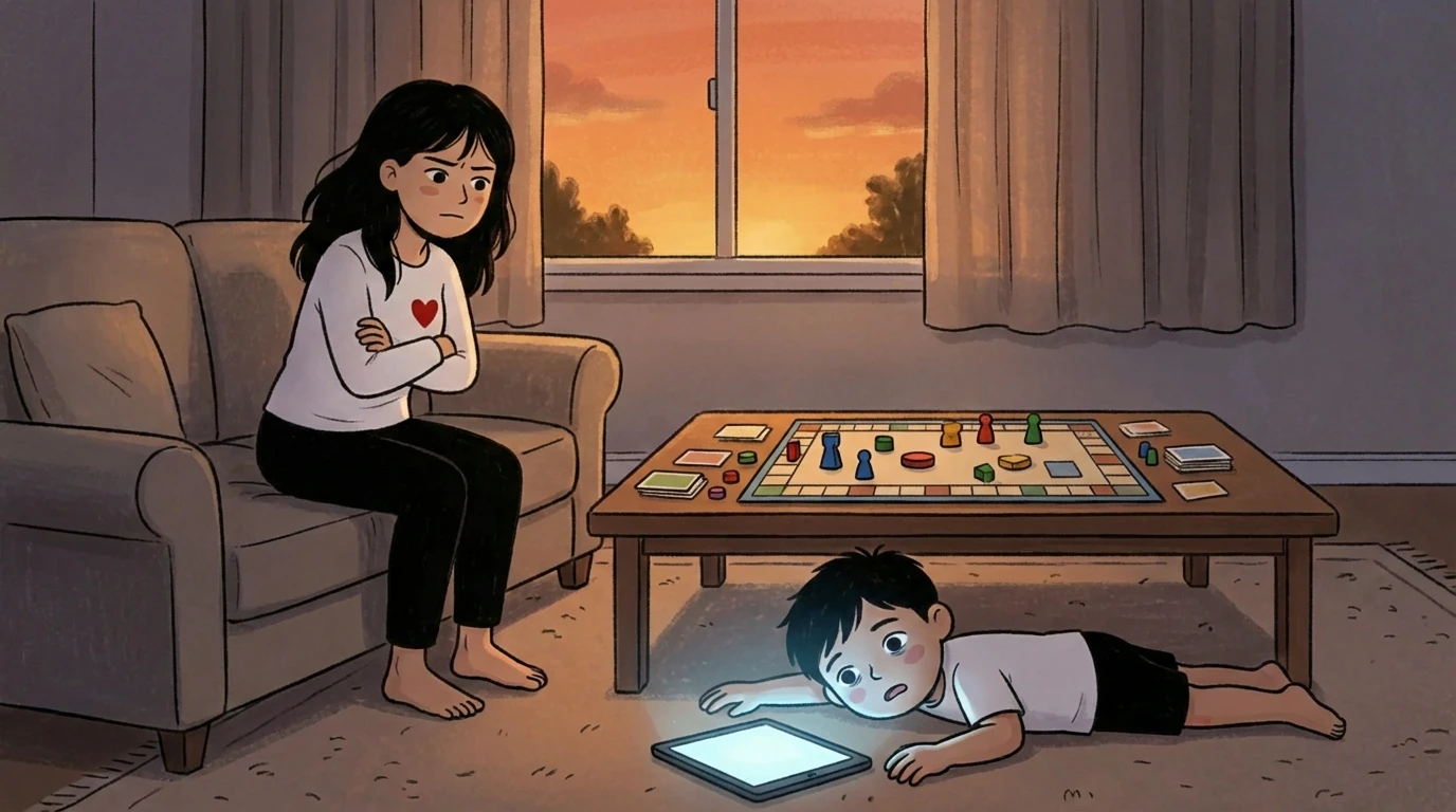 Boy lying on floor absorbed in a glowing tablet screen while parent sits arms-crossed by an untouched board game at dusk