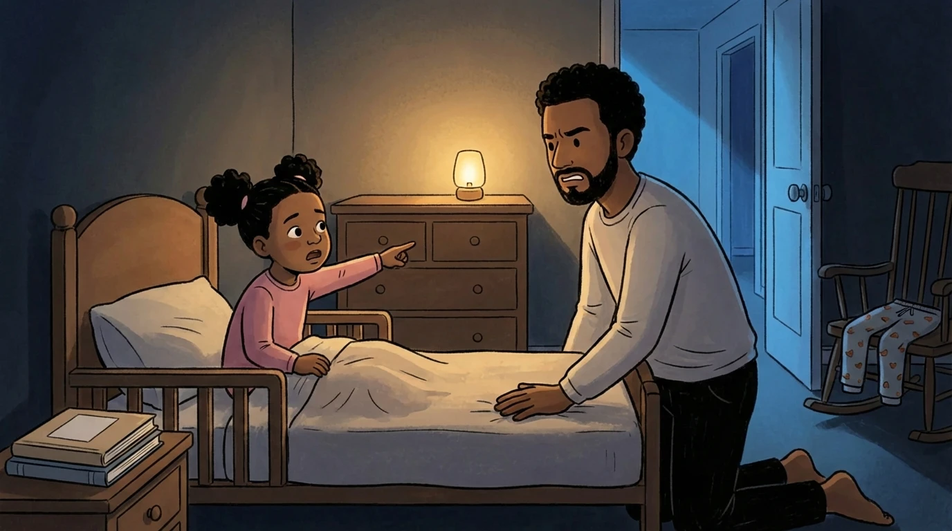 Young child sitting up in bed pointing insistently as a parent kneels beside her in a dim bedroom late at night