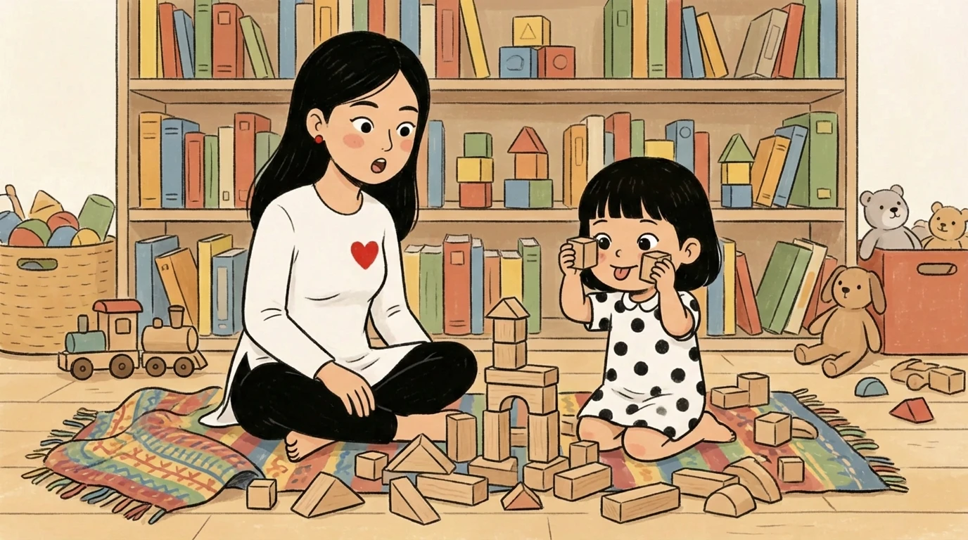 Mother and toddler playing with wooden building blocks on a rug, focused and attentive without any screens nearby