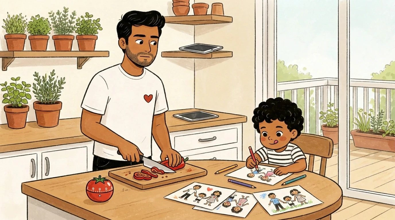 Father preparing food while child colors at the kitchen table, a calm routine that supports stable emotions and focus
