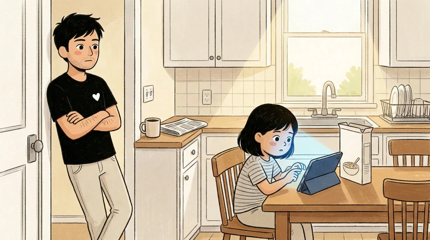 Parent standing in a kitchen doorway keeping watch as a child uses a tablet at the table