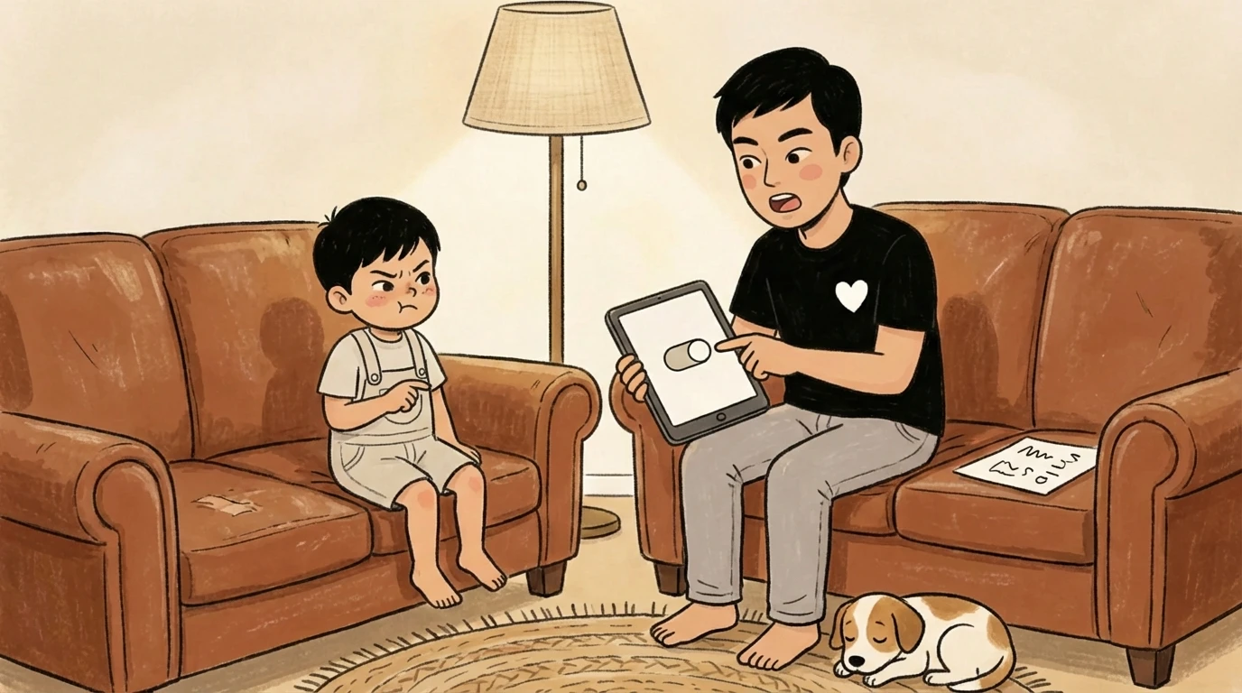 Father on a sofa showing a young child a tablet with a toggle switch to explain safe screen rules