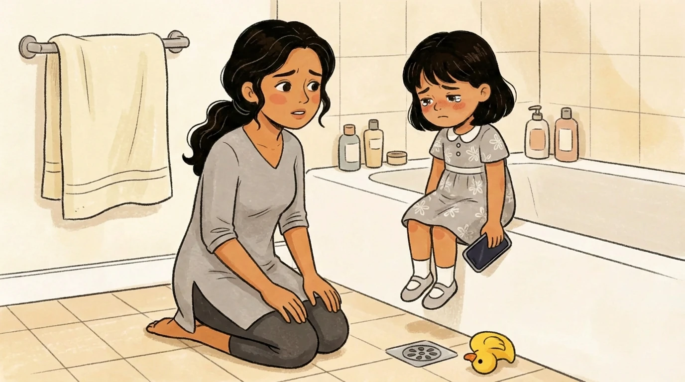 Mother kneeling on a bathroom floor beside a child sitting on the tub edge while holding a phone