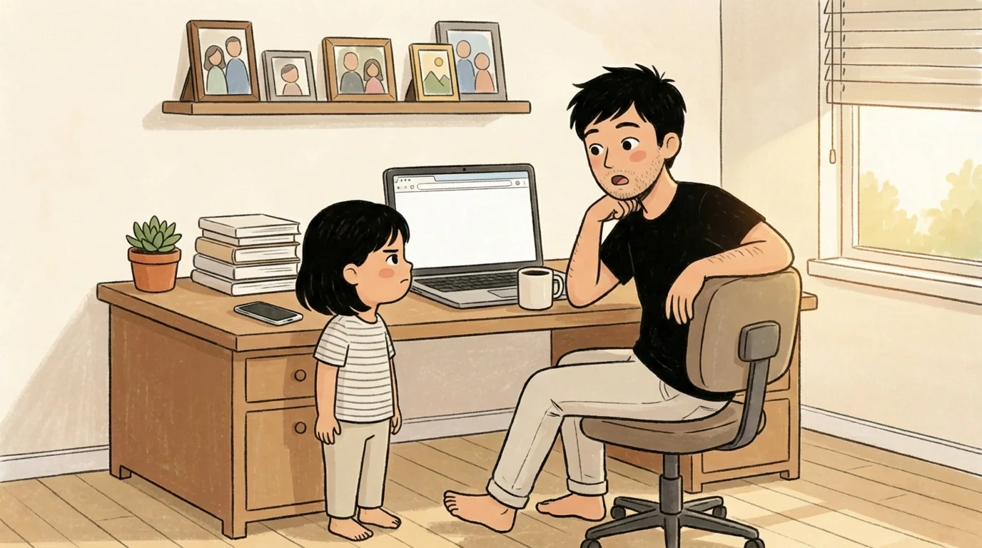 Parent at a home desk with laptop looks at a child standing nearby, a porn-proofing talk beginning