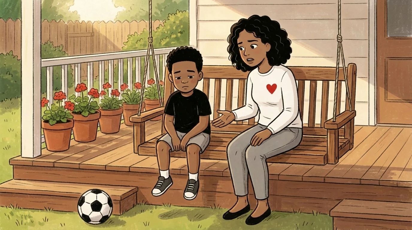 Adult and child sit on a porch bench beside a soccer ball, meeting a child's needs for open talk