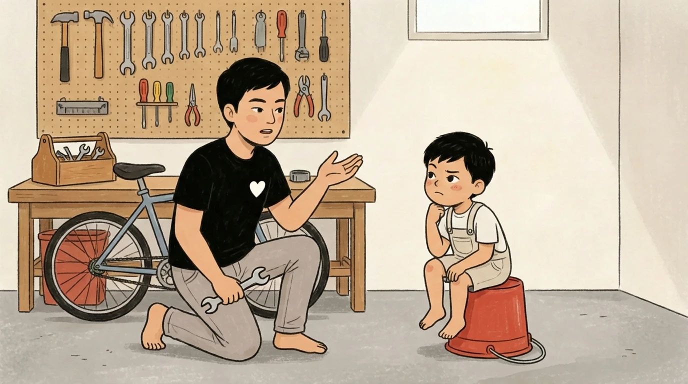 Parent kneeling in a garage holding a wrench talks to a child seated on a bucket beside a bicycle