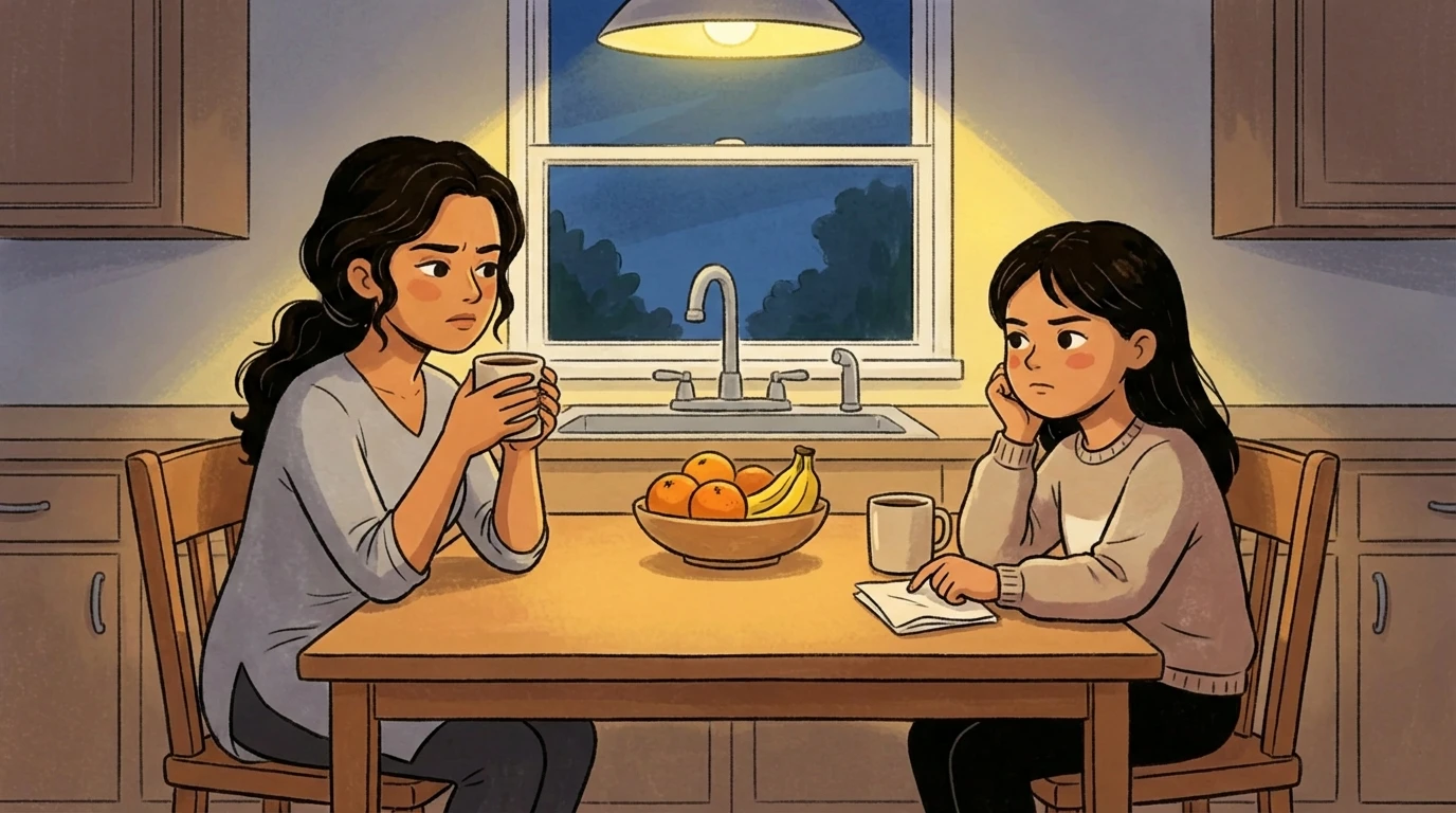 Mother and daughter sit at a kitchen table at night with mugs and a fruit bowl in quiet conversation