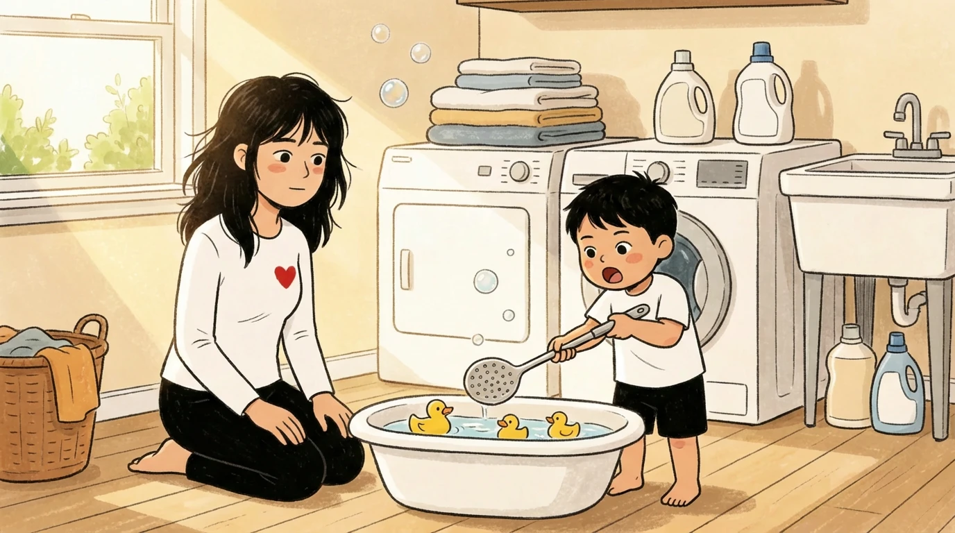 Mother and toddler playing with rubber ducks in a basin - a classic screen-free activity at home.