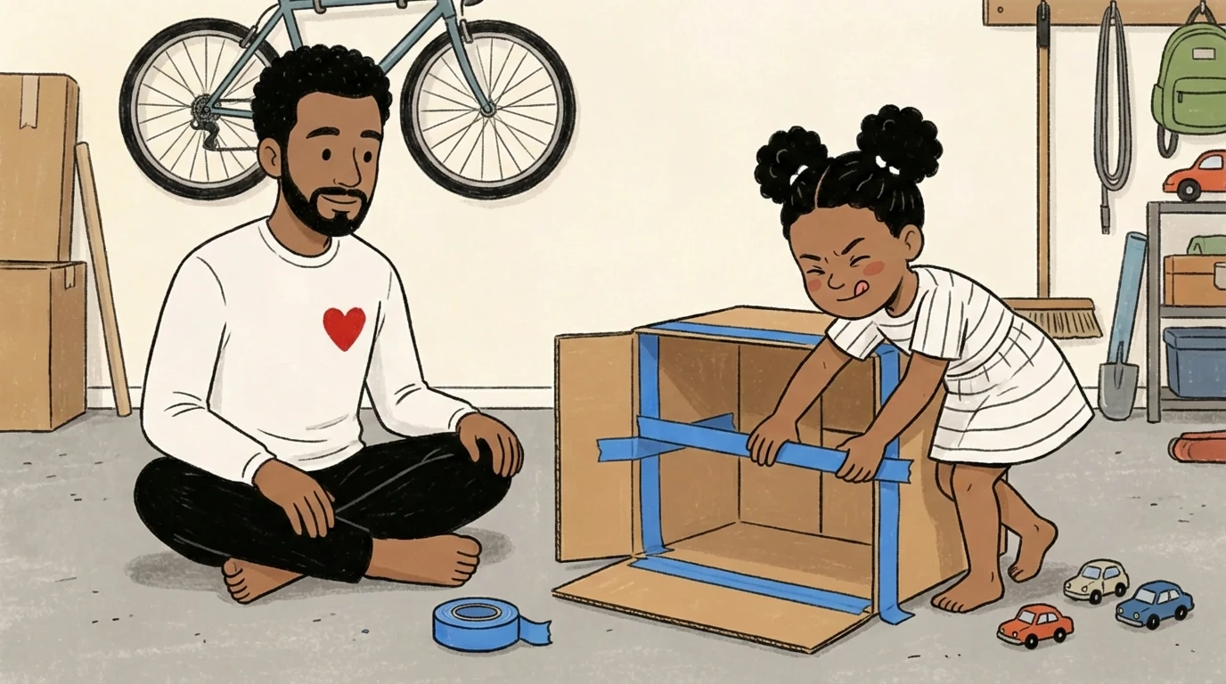 Father and child building a cardboard box fort with blue tape - hands-on free play in a garage.