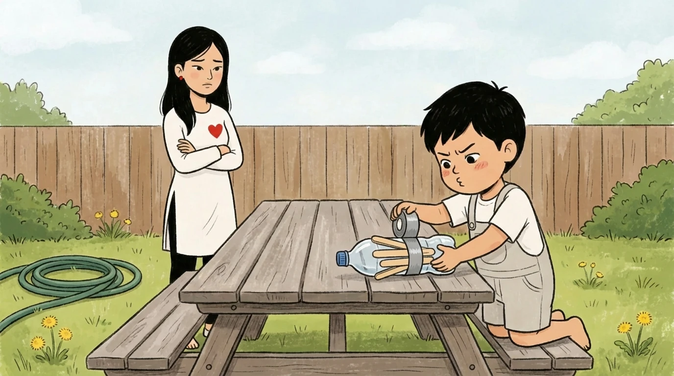 Boy assembling a plastic bottle at an outdoor picnic table while an adult watches - activities kids enjoy outside.