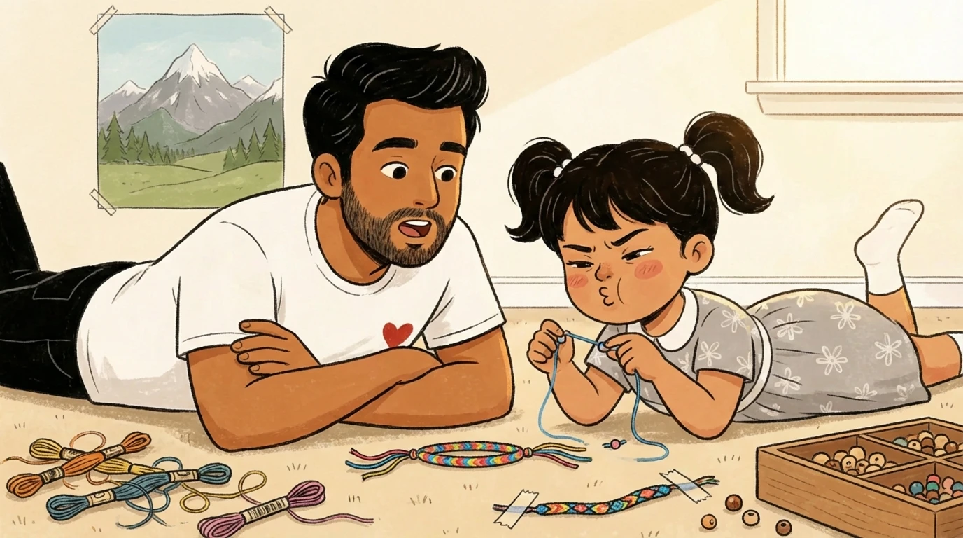 Father and daughter lying on the floor stringing colorful beads - a calm screen-free craft activity.