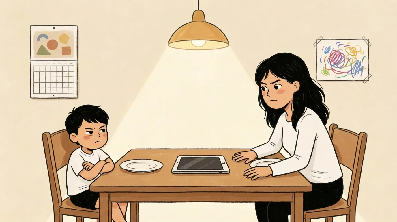 Parent and child sit across a dinner table with a tablet between them as a screen reset conversation begins