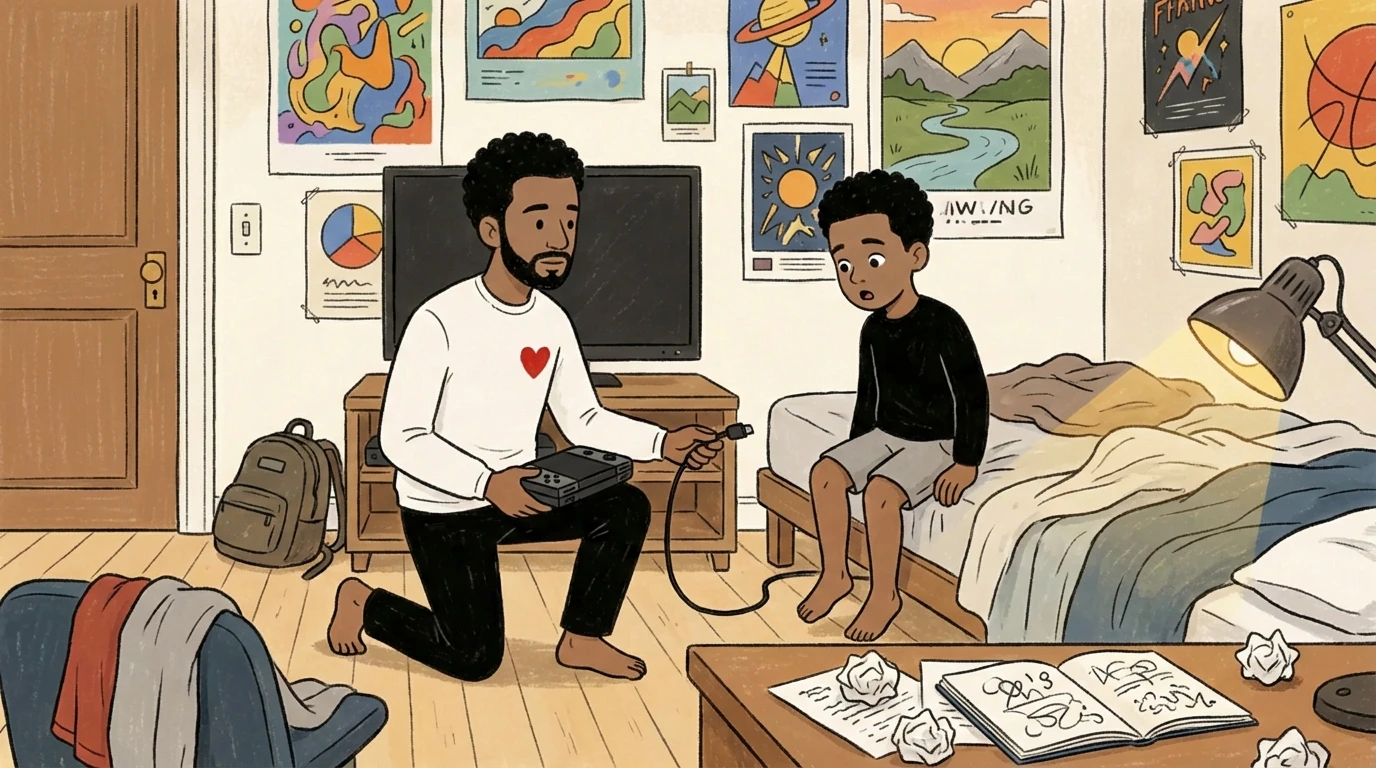 Adult kneels to talk with a child in a bedroom, holding a game controller, dialing back tension together