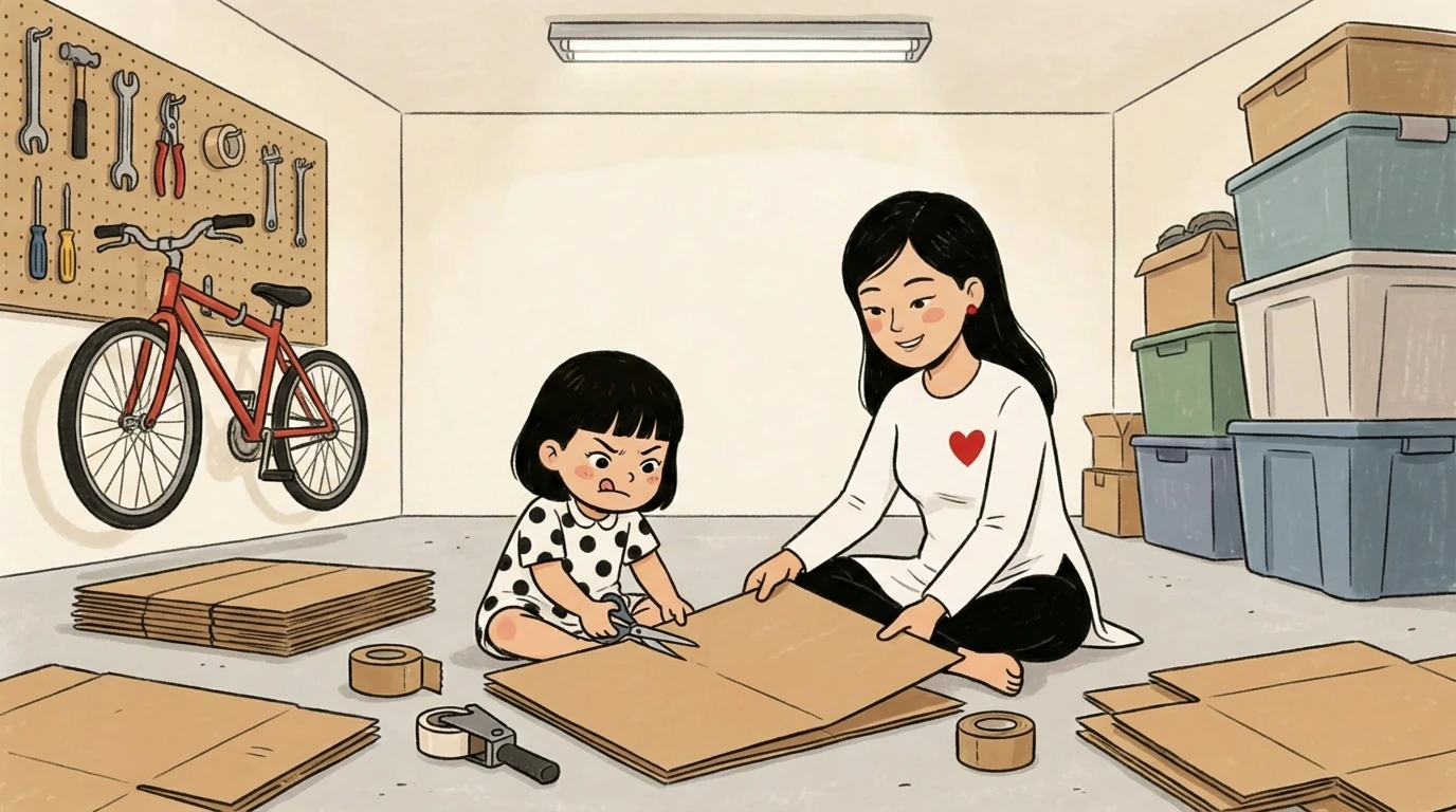 Parent and child cut cardboard together on a garage floor, putting things back in order with hands-on activity