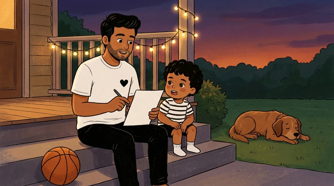 Father and toddler sit on back porch steps at dusk reviewing a paper plan, dog resting on the lawn