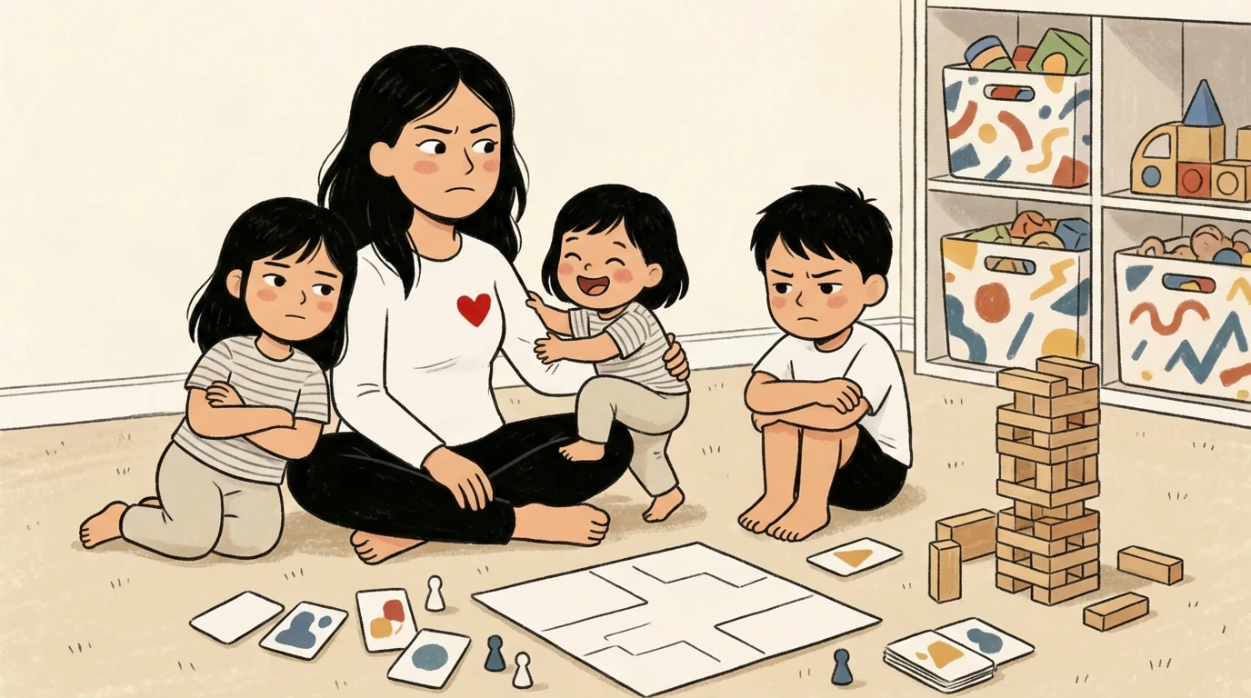 Mother on floor with three children at different ages playing board games each in a unique position in the family