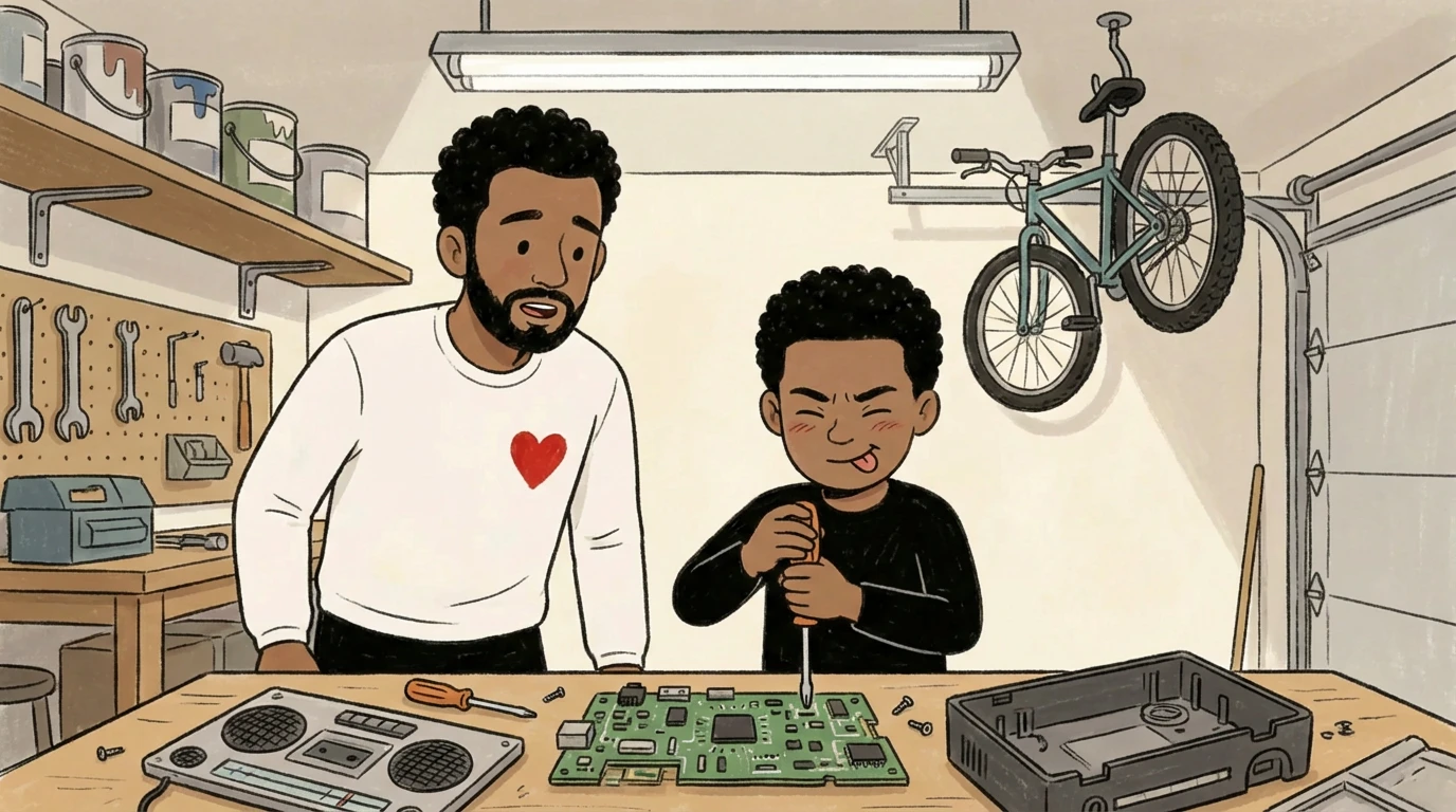 Father guiding his oldest son using a screwdriver at a garage workbench with tools hanging on the wall