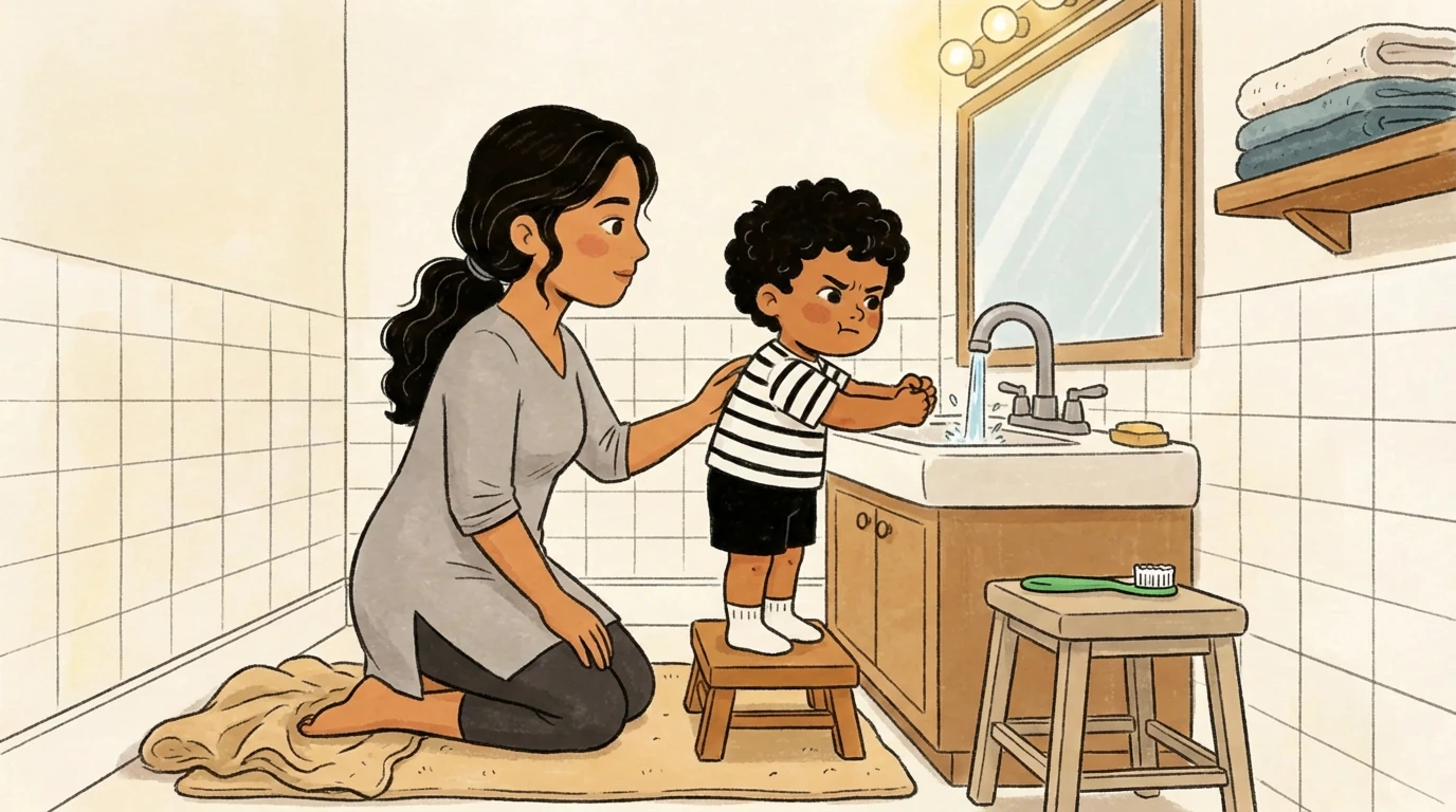 Mother supporting a toddler standing on a step stool to reach the bathroom sink