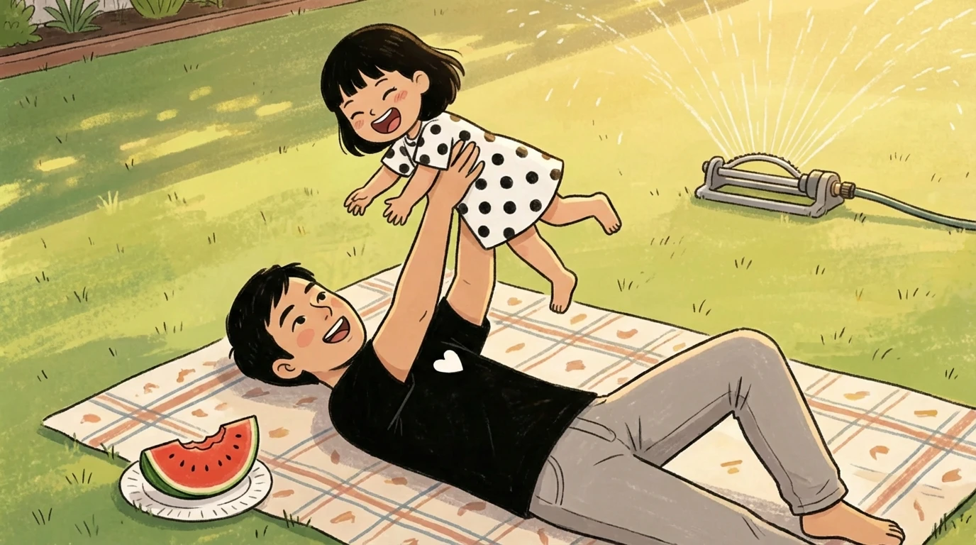 Father on a picnic blanket lifting a middle child overhead in a sunny backyard near a garden sprinkler