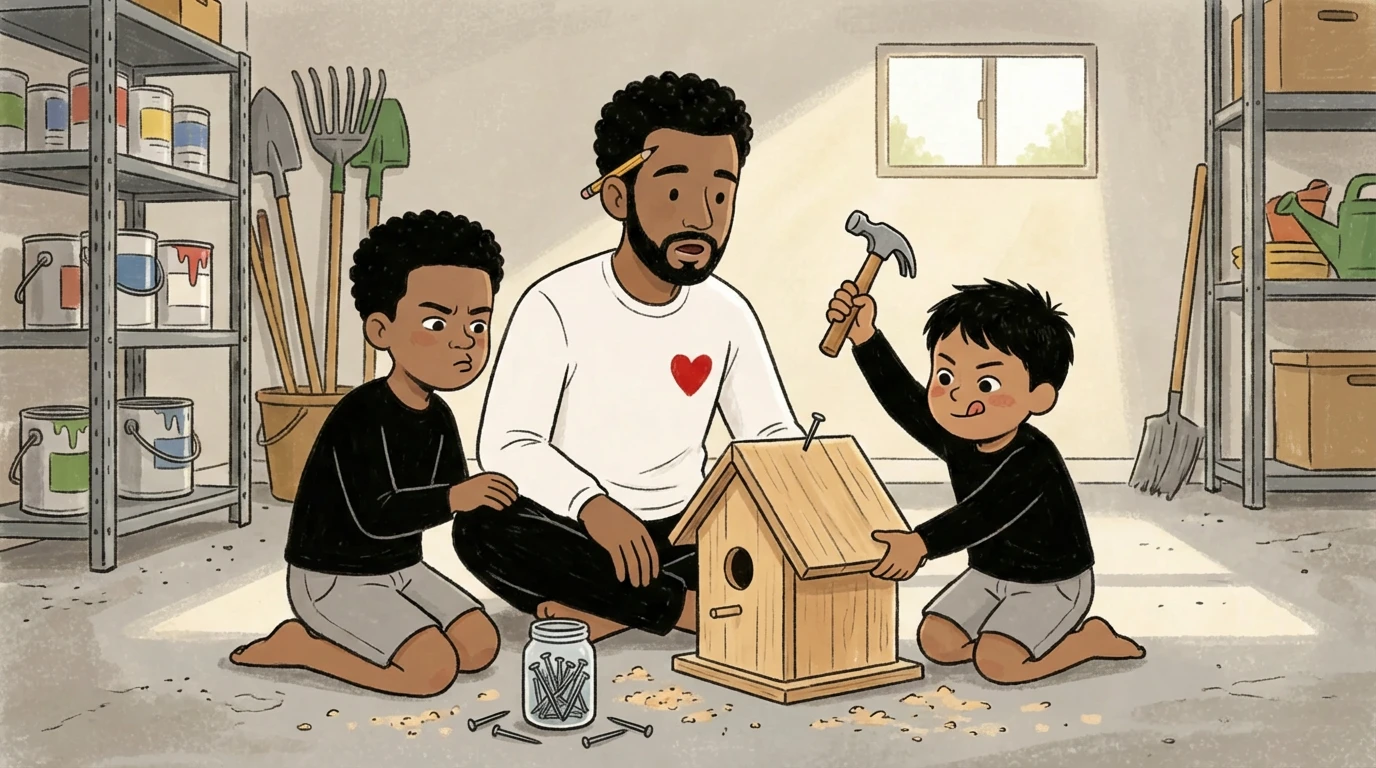 Adult building a birdhouse on the floor with two children helping in a garage workshop