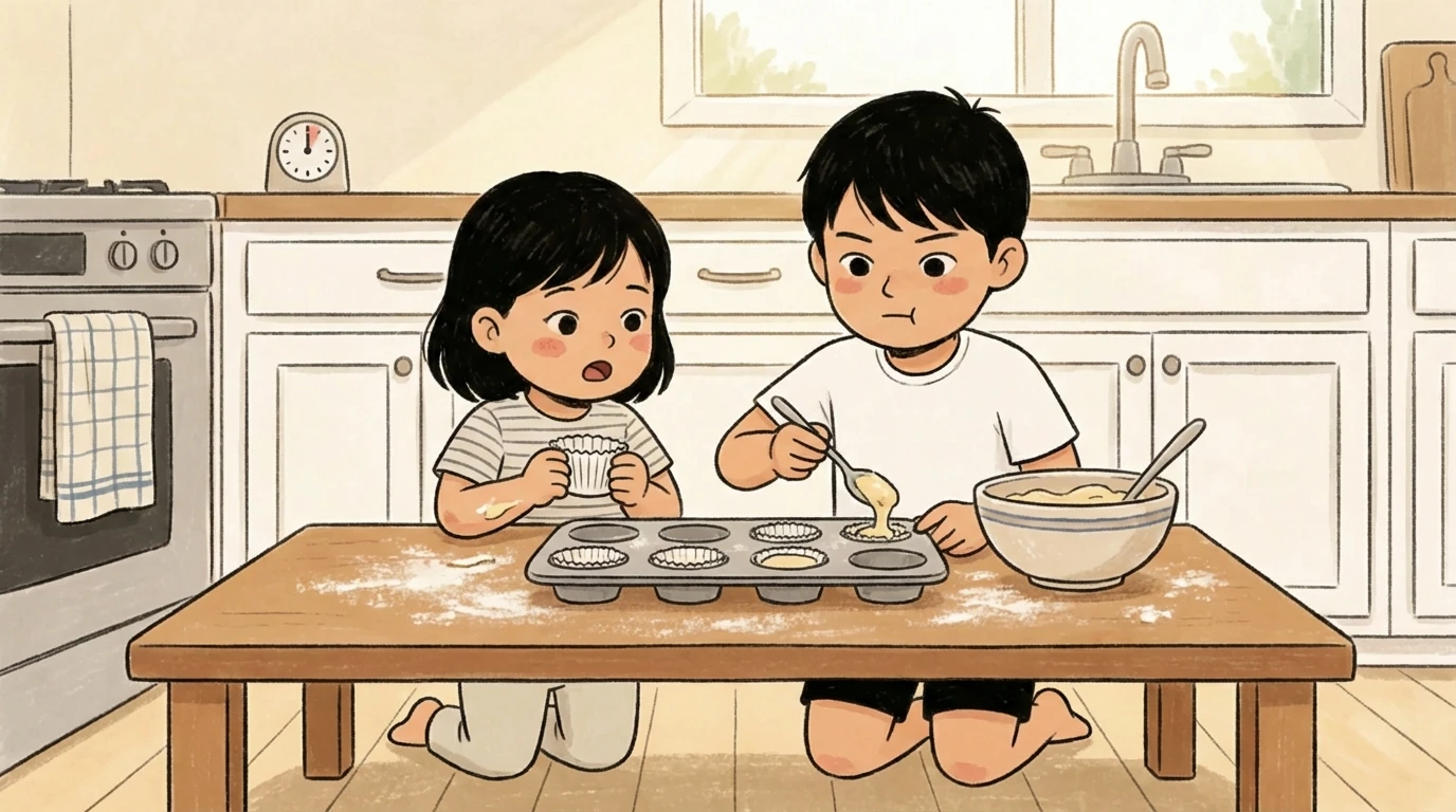 Two children baking muffins together at a kitchen table with a mixing bowl and muffin tin