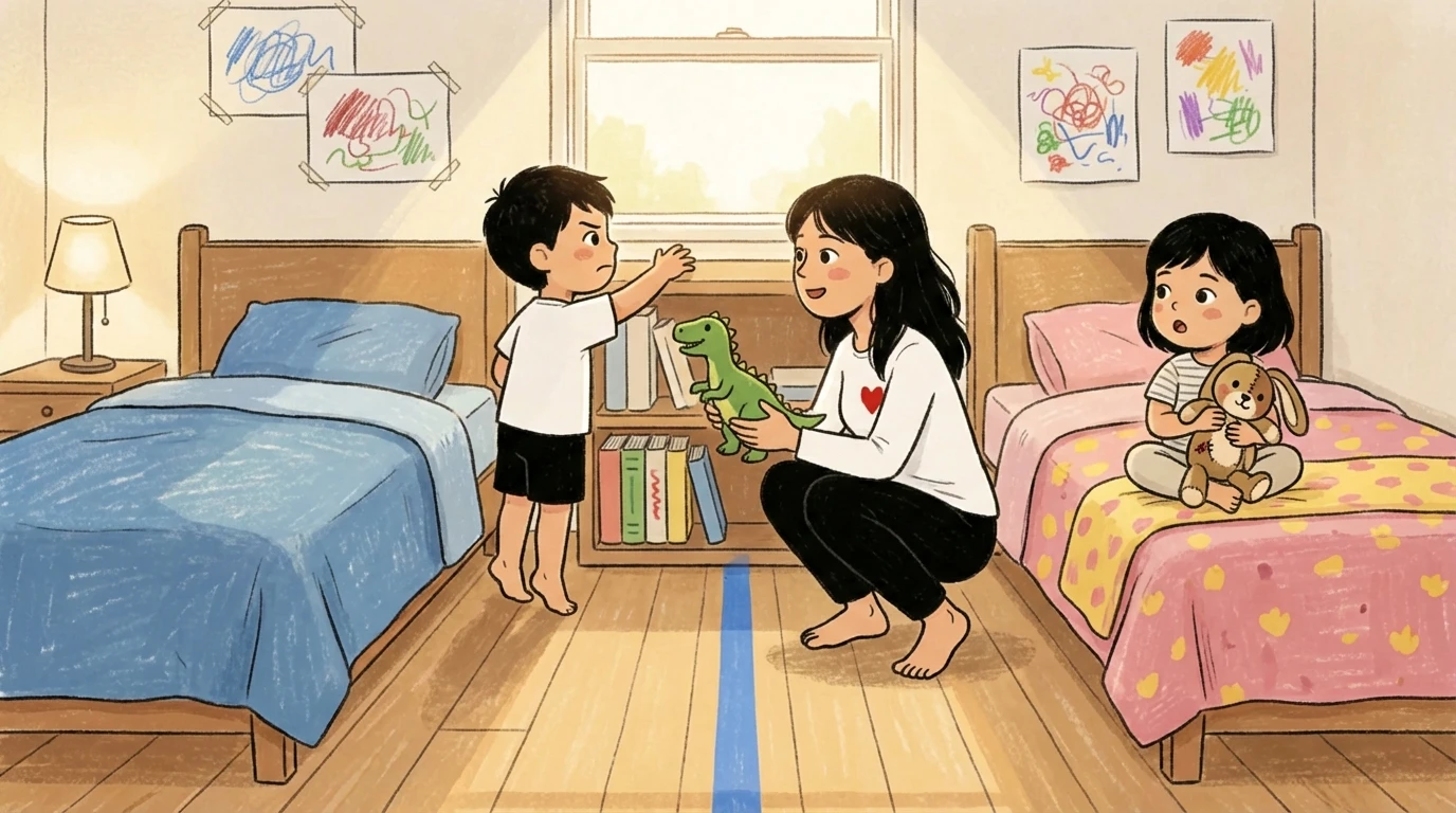 Mother kneeling between two children in a shared bedroom with a tape line dividing the floor