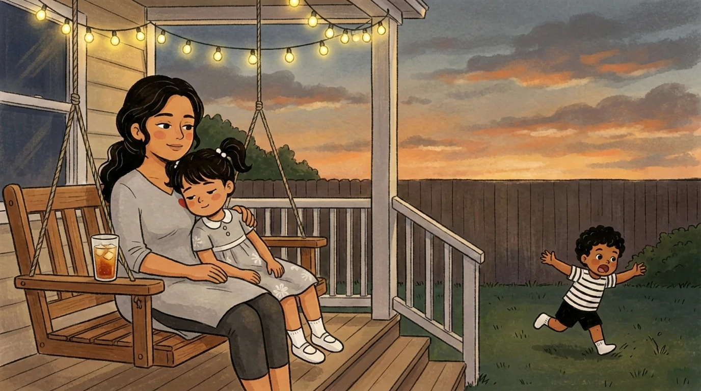 Mother sitting on a porch swing holding a toddler while another child plays in the yard at sunset