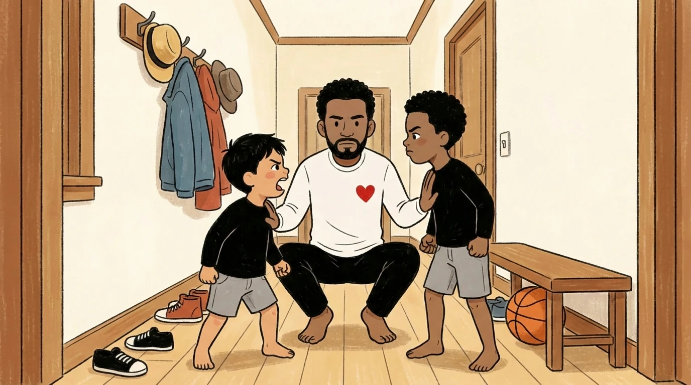 Adult crouching between two boys in a hallway, holding one back while the other shouts