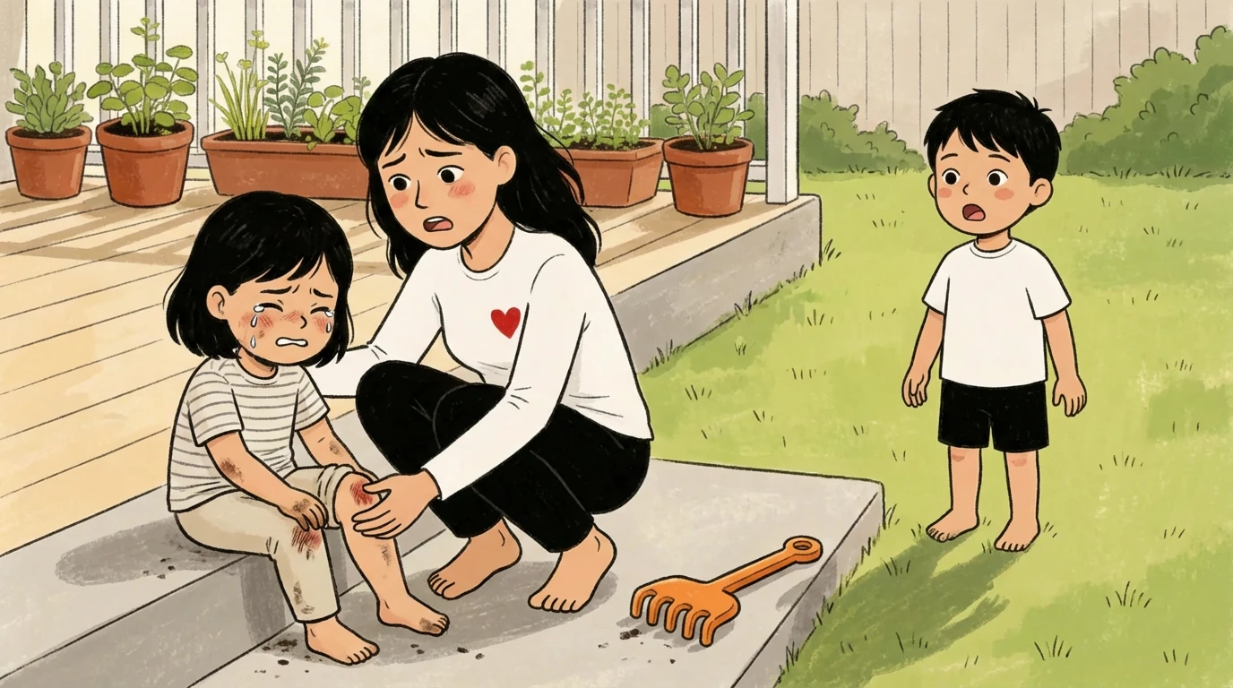Woman kneeling beside a child on porch steps while a boy stands apart on the lawn