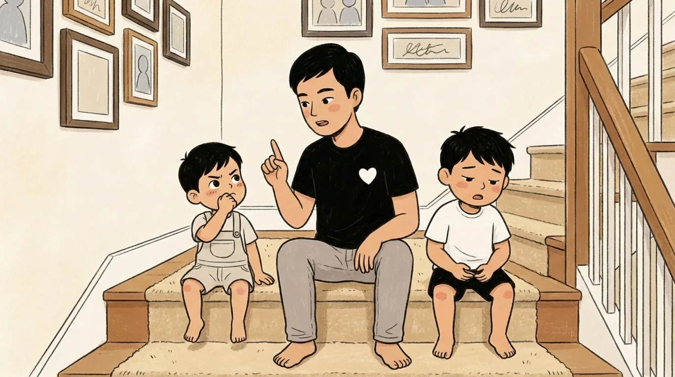 Adult sitting on stairs between two young children, holding up one finger to speak