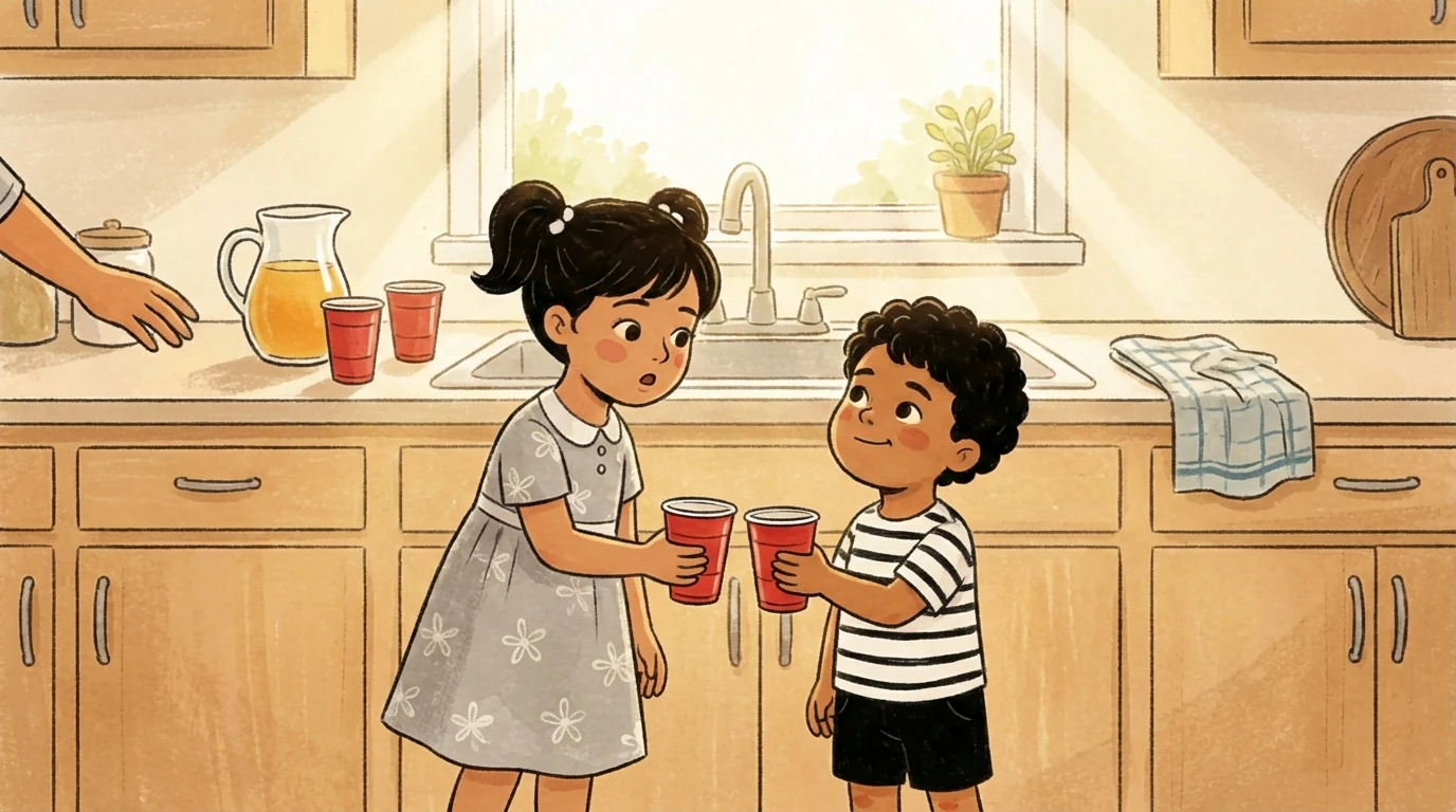 Two children in a kitchen facing each other, each holding a red cup