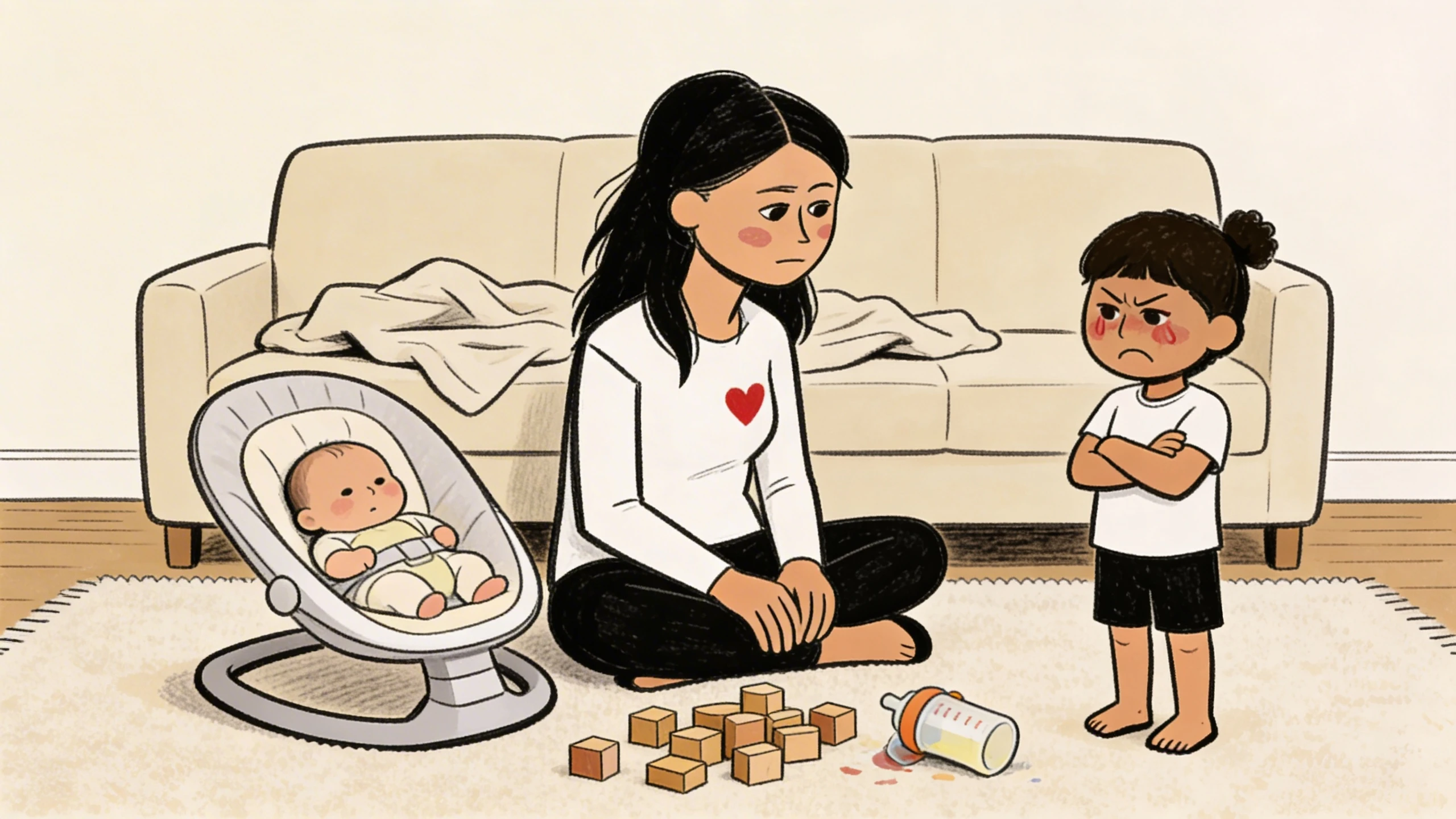 Mother sitting on floor between a baby in a bouncer and a cross-armed toddler with scattered blocks