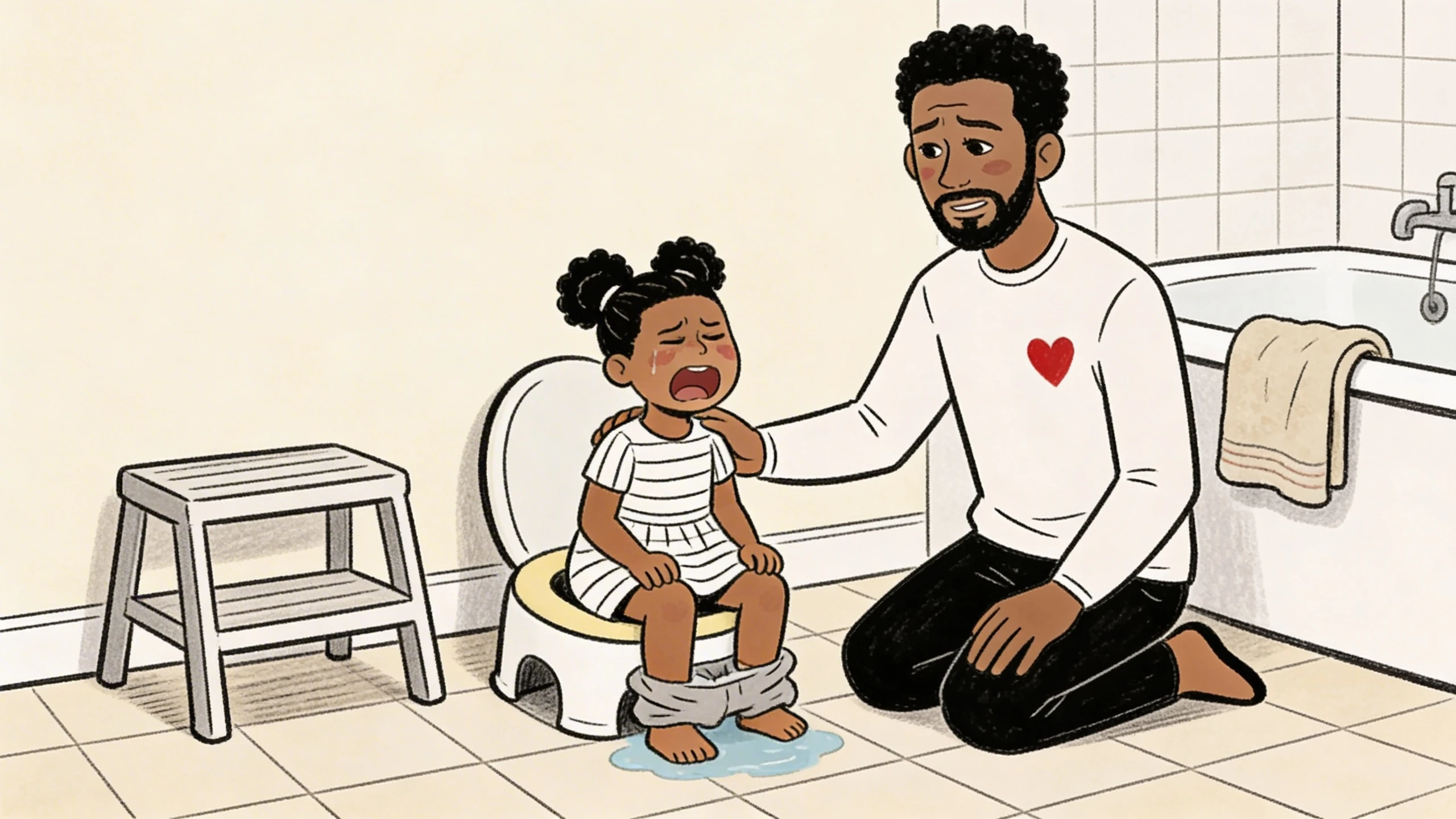 Adult kneeling beside a toddler on a potty chair in a bathroom offering a comforting hand