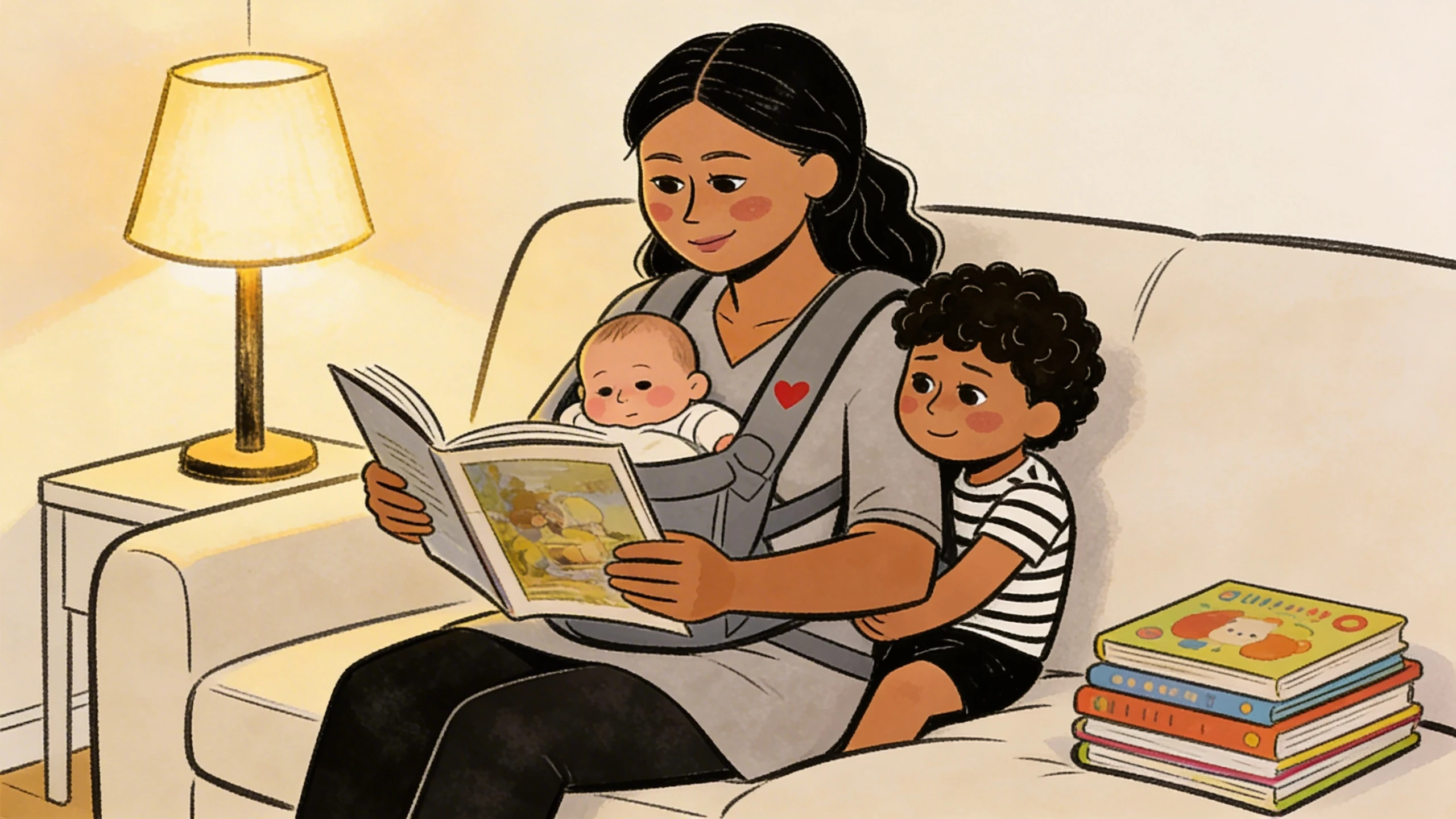 Mother on a sofa reading a picture book to a toddler while carrying a baby in a front carrier