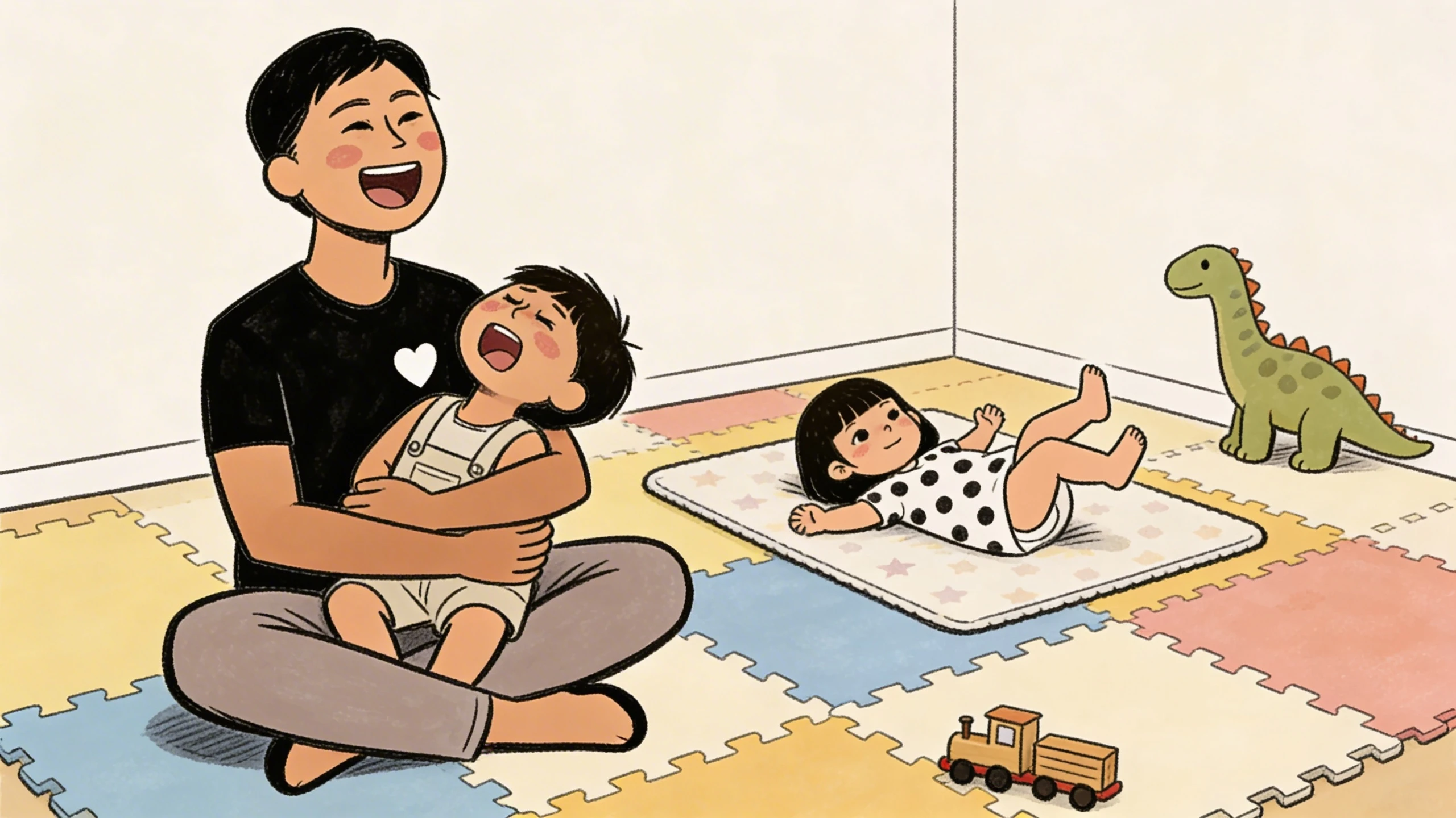 Adult sitting cross-legged on play mats holding a laughing toddler while a baby lies nearby