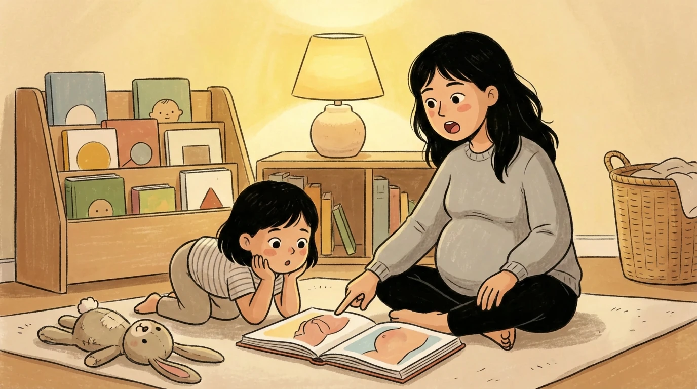 Pregnant parent sits on floor showing a child a picture book about babies next to a bookshelf